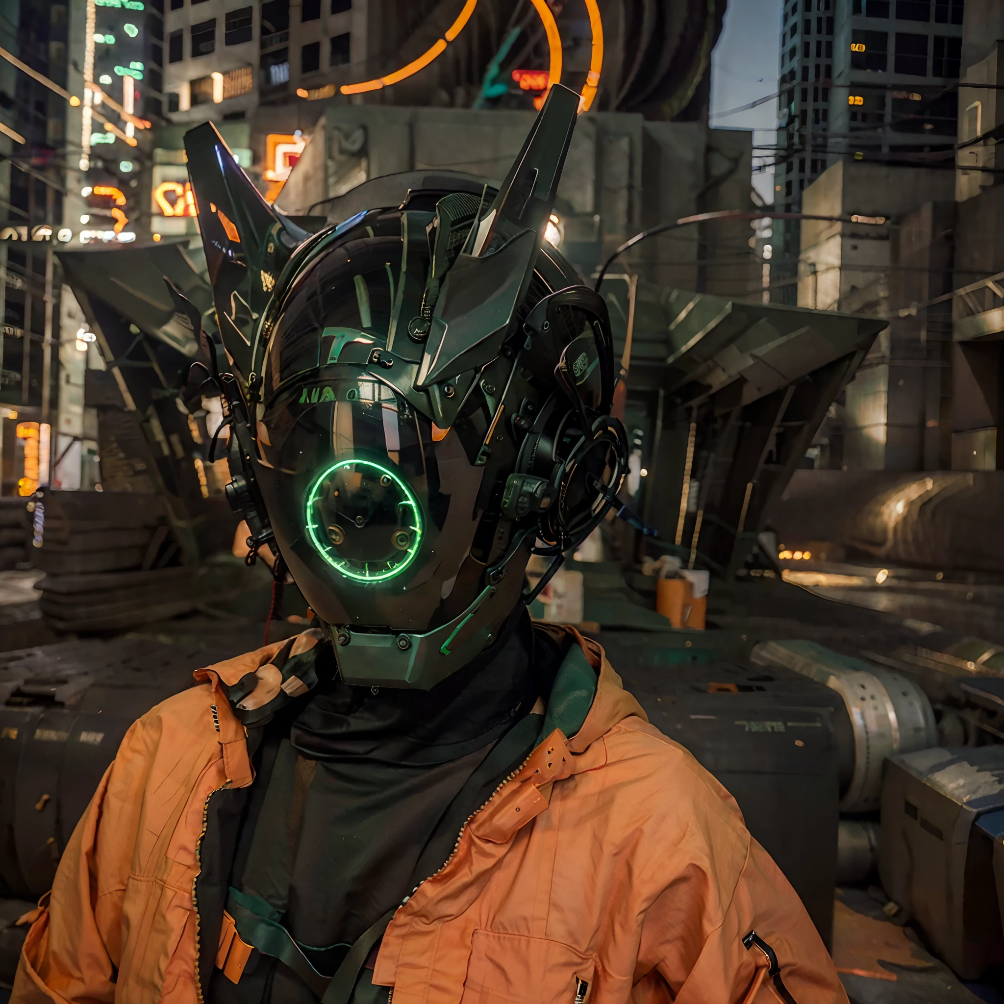 (original: 1.2), masterpiece, best quality, a cyborg woman in a green circle light up cyberhelmet with orange ears, wearing orange jacket, on the street