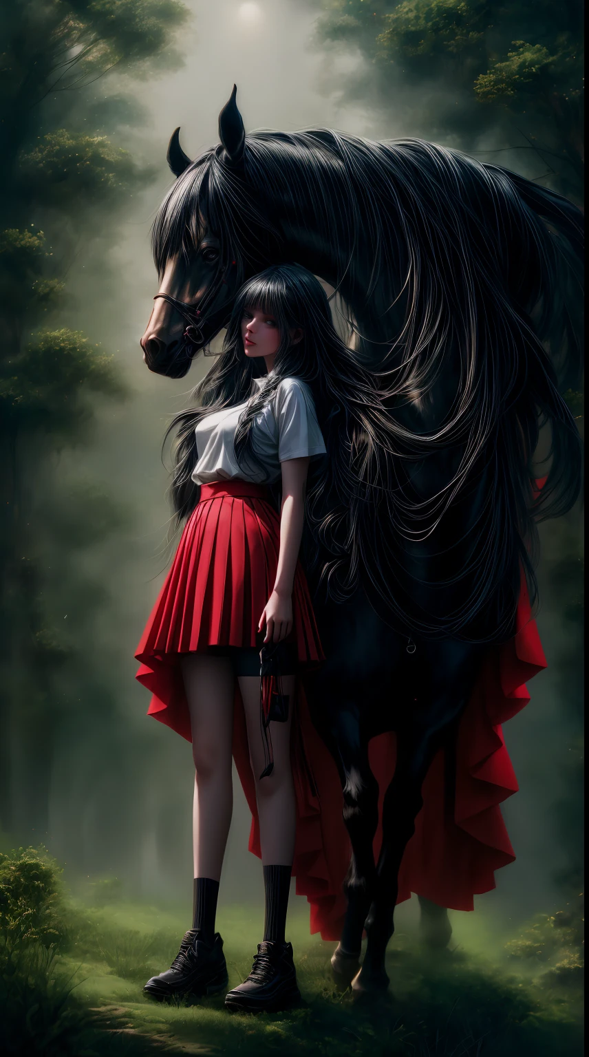 1girll, Solo,ssmile,White shirt, Red skirt, Socks, dual horsetail,Full body like,Beautiful outdoor background, night moon, forest,The hair is meticulously depicted,The eyes are meticulously depicted, highly detailed surreal vfx,oc rendered,