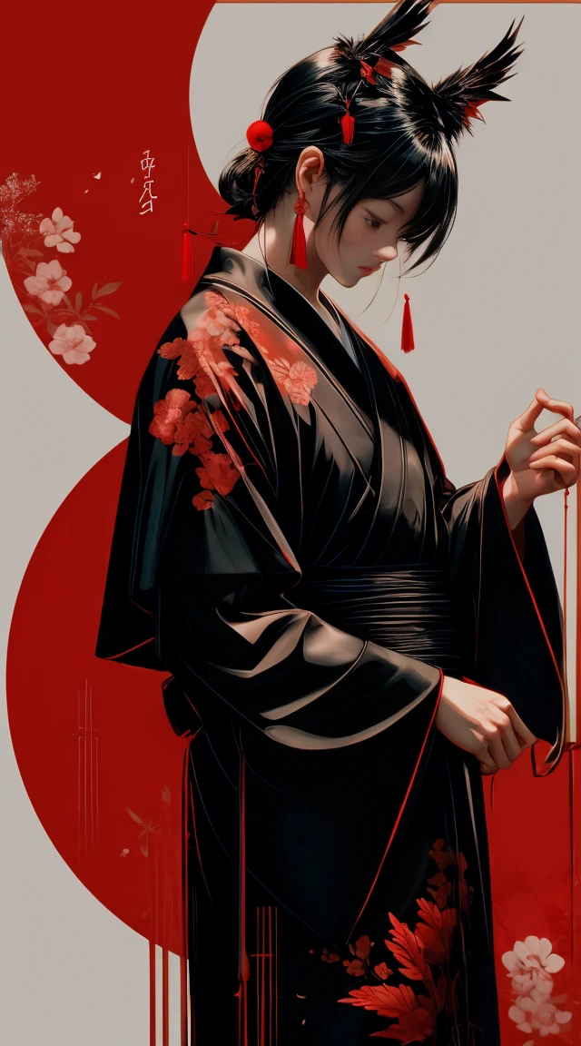 A tranquil Japanese art illustration featuring a bamboo forest painted in black ink on a white background. The elegant bamboo stalks create a sense of depth and calm, while a small red bird perched on one of the stalks adds a vibrant touch of color to the monochromatic scene. --ar 9:16 --v 5 --stylize 1000 --s 500 --chaos 10 --v 5