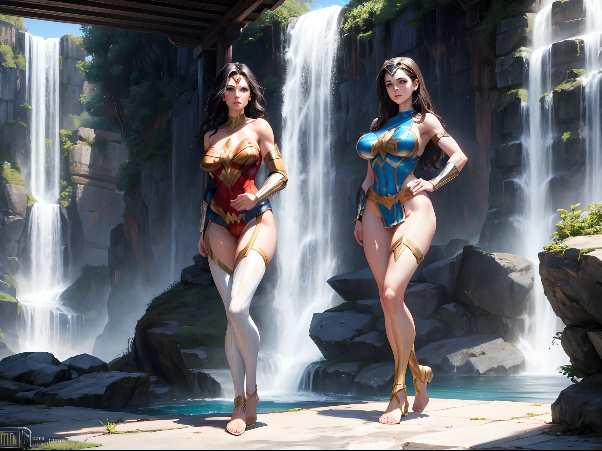 a fit woman in bodysuit, enormous breast, realistic, detailed, hyperrealistic, Hero pose, Standing next to beautiful waterfall and pool inside ancient temple, 1girl, high detailed, 8k, cameltoe, , , wonder woman, gal gadot, (full body:1.5)