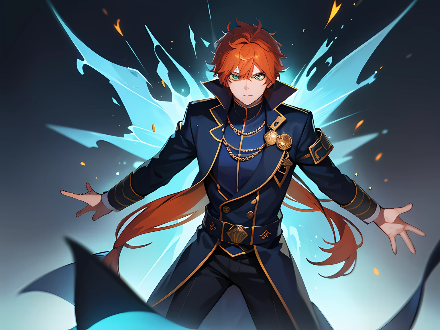 (ultra-detailed, full body illustration, perfect pixel, highres, best quality, beautiful eyes finely detailed), (full body:0.8), 19 years old boy, have power like demon god in manhwa, full of demonic aura, angry facial expression, red eye color (glowing green eyes), orange hair (half of his hair covered with blue flame), with demon outfit, elegant, detective, realistic fire, the background is full of magical particles and realistic blue fire. lens flare, glowing light, reflection light, motion blur, 8k, super detail, accurate, best quality, Ray tracing.