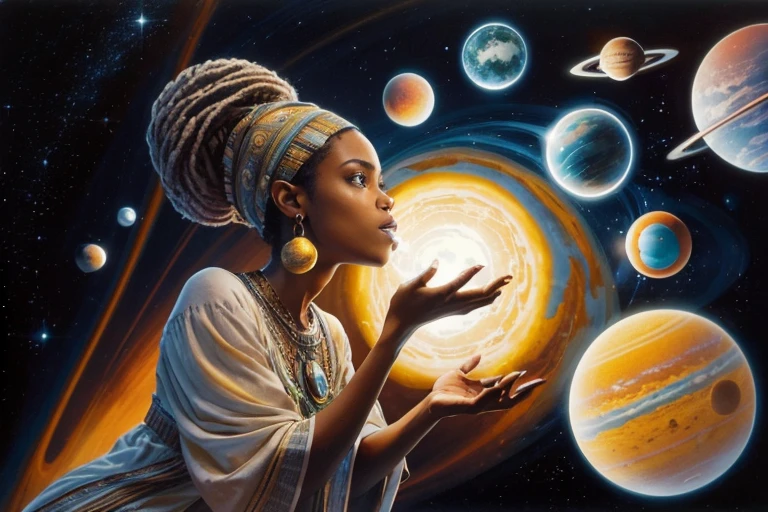 woman blowing bubbles in front of planets in a dark space, girl looking at space, universe life significance, emanating magic from her palms, girl in space, creation of the universe, holding a planet, cosmic girl, planets in the sky, a woman holding an orb, planets and galaxies, the universe, planets, and stars, standing in the solar system
  1 young female, sorriso maligno, malignant expression, beauty, tom de pele escuro, cabelo afro, um par de brilhantes bell-bottoms, vestido preto longo, vestido detalhes em verde ((foco no vestido)) segurando uma chama faisca verde em uma das maos, segurando um cajado preto, cajado de caveiras,
analogue style (35mmstyle:1.1), obra-prima, , Dark cinematic lighting, (fotorrealista:1.3), (grain of film), film noise, kodak proimage 100, profundidade de campo, bokeh