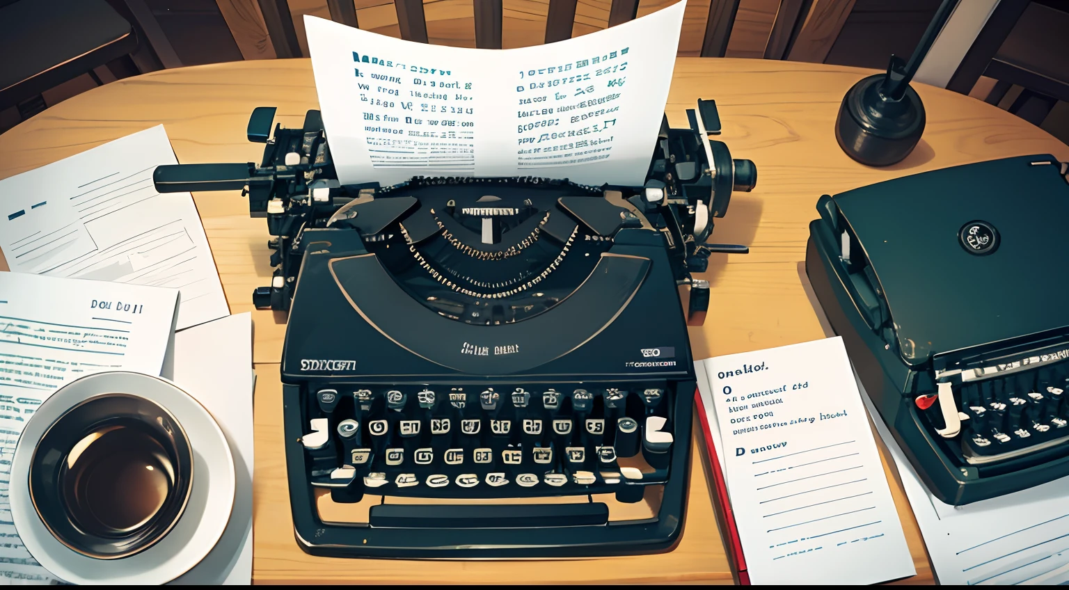 typewriter, still, camera from above, table full of paper