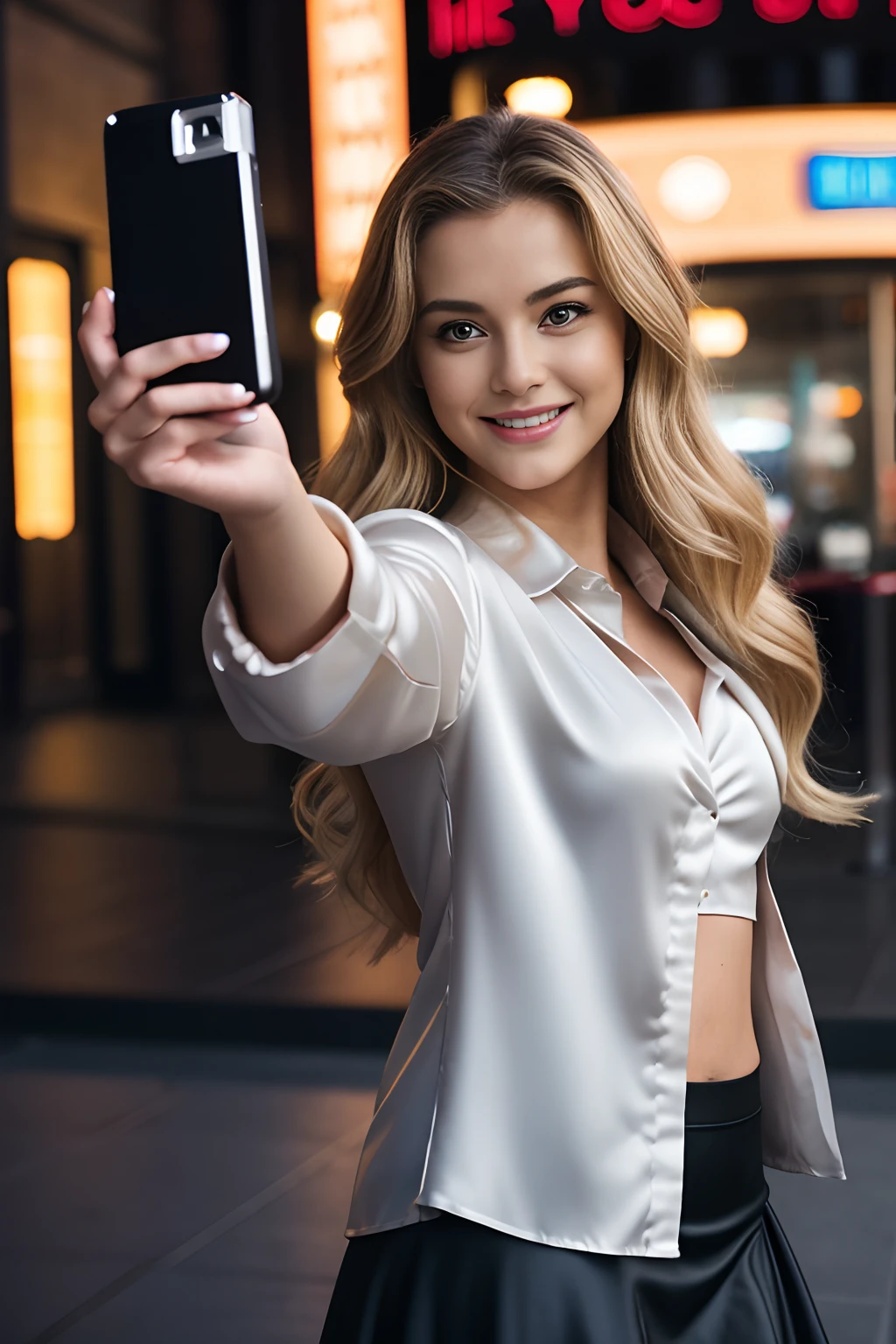 UHD, (selfie photography view from camera:1.5) 1 gorgeous blonde woman with long wavy hair wearing (Satin shirt:1.0), long black tight skirt, long wool coat, 23 ans, she’s a model,  (at night:1.0), in front of a movie theater, sexy pose, flirts with camera, smile, happiness, canon 85 mm, Light depth of field, Kodak Ektar 200, perfect fit body, extreme details ,UHD