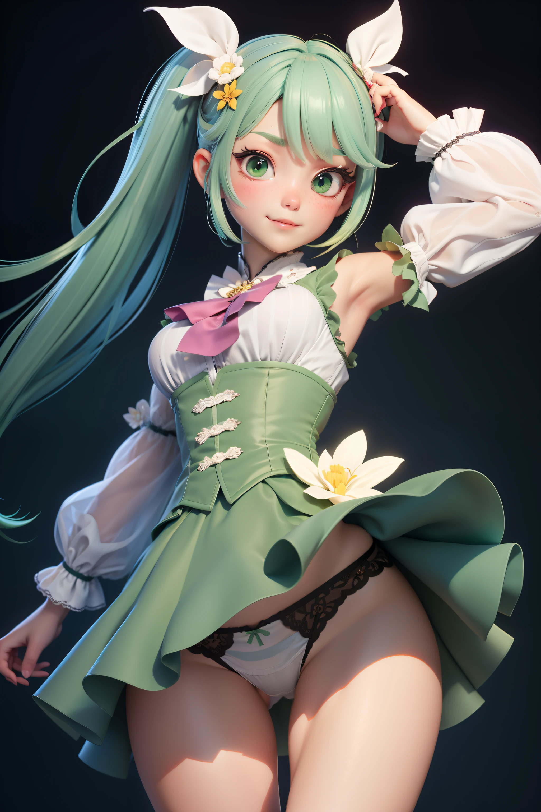 3DMM Style, (masutepiece, Best Quality), Intricate details, 1girl in, Solo, Green hair, flower hair clip, ｛Suspicious expressions｝、Green dress、a short skirt、Angle from below、 Looking at Viewer,｛{{skirt lift by yourself}}｝、{{{white  panties}}｝、pretty Panties、{{Panties exposed}}、{{ｵﾏﾝｺThe shape of the shape is clear}}、{{palpableｵﾏﾝｺ}}、{{{The panties are very see-through}}}、{{The panties are digging into the crotch}}、{{{{Pubic hair through panties}}}}、{{{{Green pubic hair}}}}