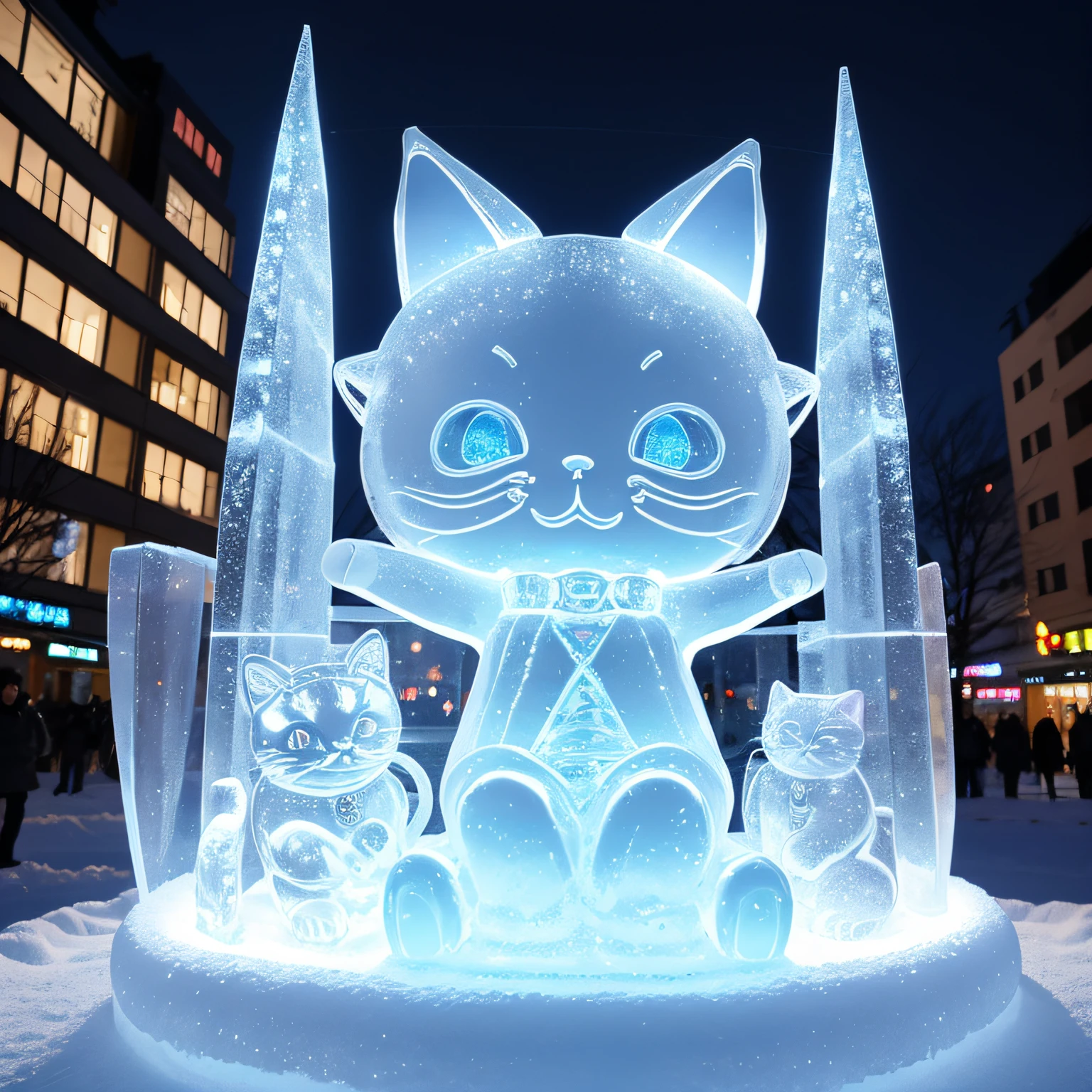 transparent Ice sculpture, (A sculpture of a cute chibi cat), Sapporo Snow Festival, Glittering lights, (Masterpiece), (Best Quality), (Ultra high Detailes)
