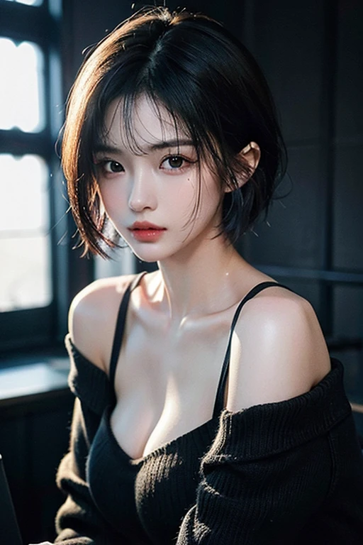 超A high resolution, masutepiece, Best Quality, perfect glossy shiny skins, Perfect Lighting, Detailed Lighting, Dramatic shadows, Ray tracing, 1girl in, Upper body, Black sweater, Looking at Viewer, off shoulders, Exposed cleavage, Sharp face, Sharp eyes, Cyberpunk, Long bangs, short cut hair, natural (Big breasts: 0.5), Wet
