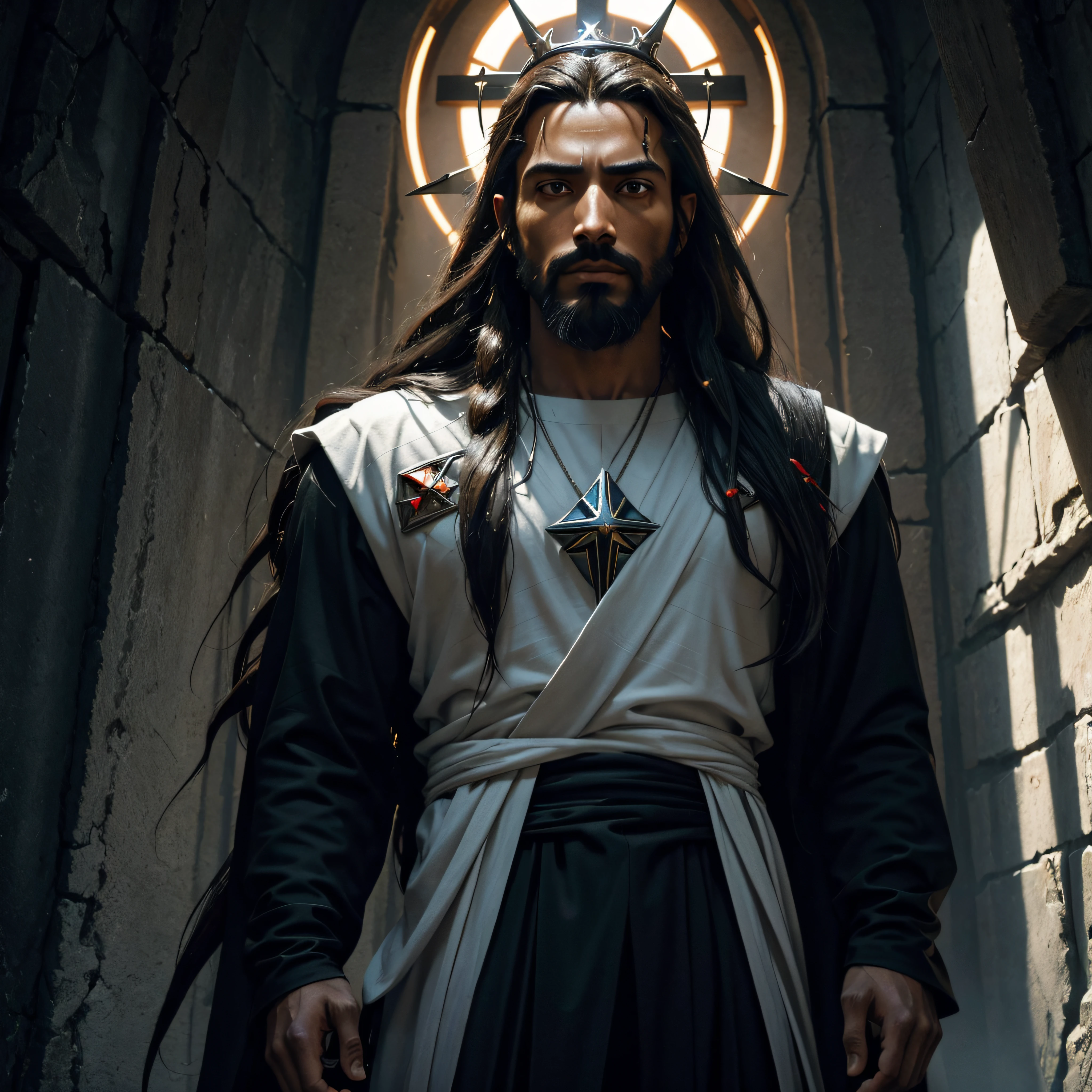 arafed image of jesus with a crown of thorns, jesus face, portrait of jesus christ, black jesus, cyberpunk jesus christ, jesus, jesus christ, gigachad jesus, jesus christ in mass effect, dressed like jesus christ, raptor jesus, religious masterpiece portrait, jesus christ going super saiyan, jesus of nazareth, tron legacy jesus christ