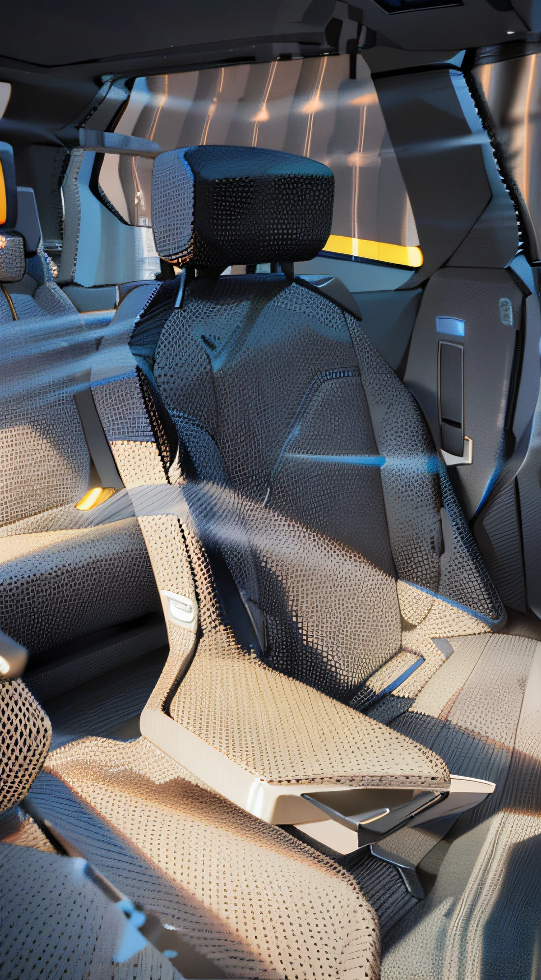There is a photo of a car,There is a seat and a telephone inside, glowing interior components, hyper - realistic render, hyper realistic rendering, indoor background, detailed ambient lighting, hyperrealistic rendering, hyperreal rendering, Highly detailed interior, high-body detail, hyper realistic rendering, volumetric interior lighting, Subtle details, subtle detailing, correct details