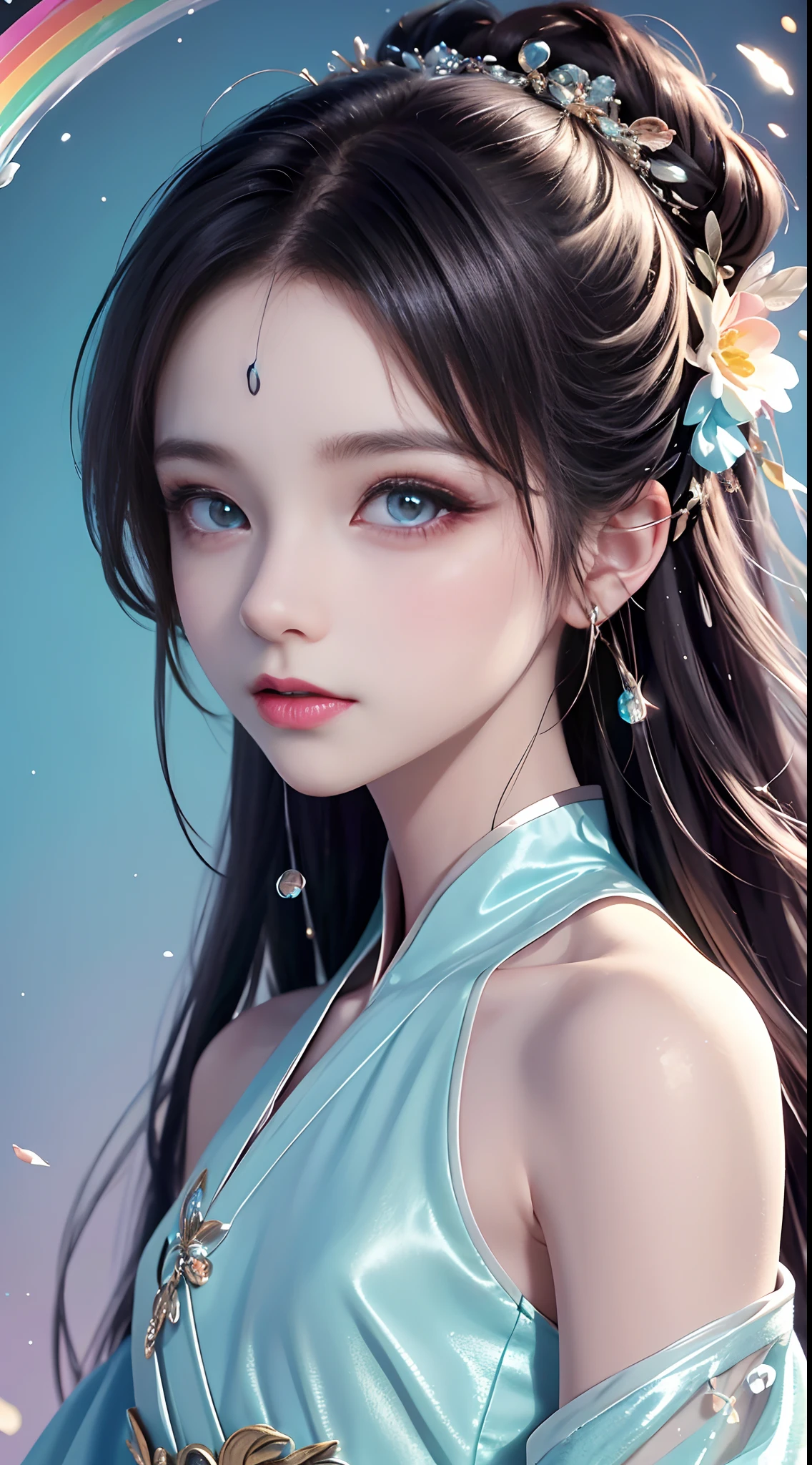 (Pink fashion T-Camisa,:1.9),(Colorful hair:1.8),(Rainbow all colors:1.8),((((Vertical painting:1.6))),(painterly:1.6),front side,comic,illustration,painterly,with big eyes,Crystal clear,(Iridescent gradient high ponytail:1.7),elaborate makeup,closed Mouth,(Small fresh:1.5),long lashes,White shoulder T- Camisa,, White Shoulder Shirt,looking at the viewers,watery big eyes,(rainbow color Hair:1.6), Color Splash, (solo:1.8), Color Splash, Color explosion, Color Splash, Color explosion, Thick lacquer style,Messy lines,((Shiny,)) ,(colorful,,,,), Thick Paint Style, (Splash) (Color Splash), Vertical Painting, upper body, Paint Splash, Acrylic Pigment, Gradient, Paint, Highest Image Quality, the highest picture quality, Masterpiece, Solo, depth offield, Face Paint, colorful clothes, (elegence: 1.2), Ornate, long haired, aeolian, (elegence: 1.3), (petaled: 1.4),(((master masterpiece))),(((the best quality t))),((ultra Detailed)),(illustartion),(Dynamic Angle),((floating)),(painti),((Loose hair)),(solo),(1girl) , (( (Detailed anima face))),((Beautiful detailed face)),collars,Shoulders exposed,White Hair,((colourfel hair)),((streaked hair)),Beautiful detailed eyes,(Gradient eyes),(( (color eyes))),(((colorfully background))),(((high satur))),(((Surrounded by colorful splashes))),()Hanfu)