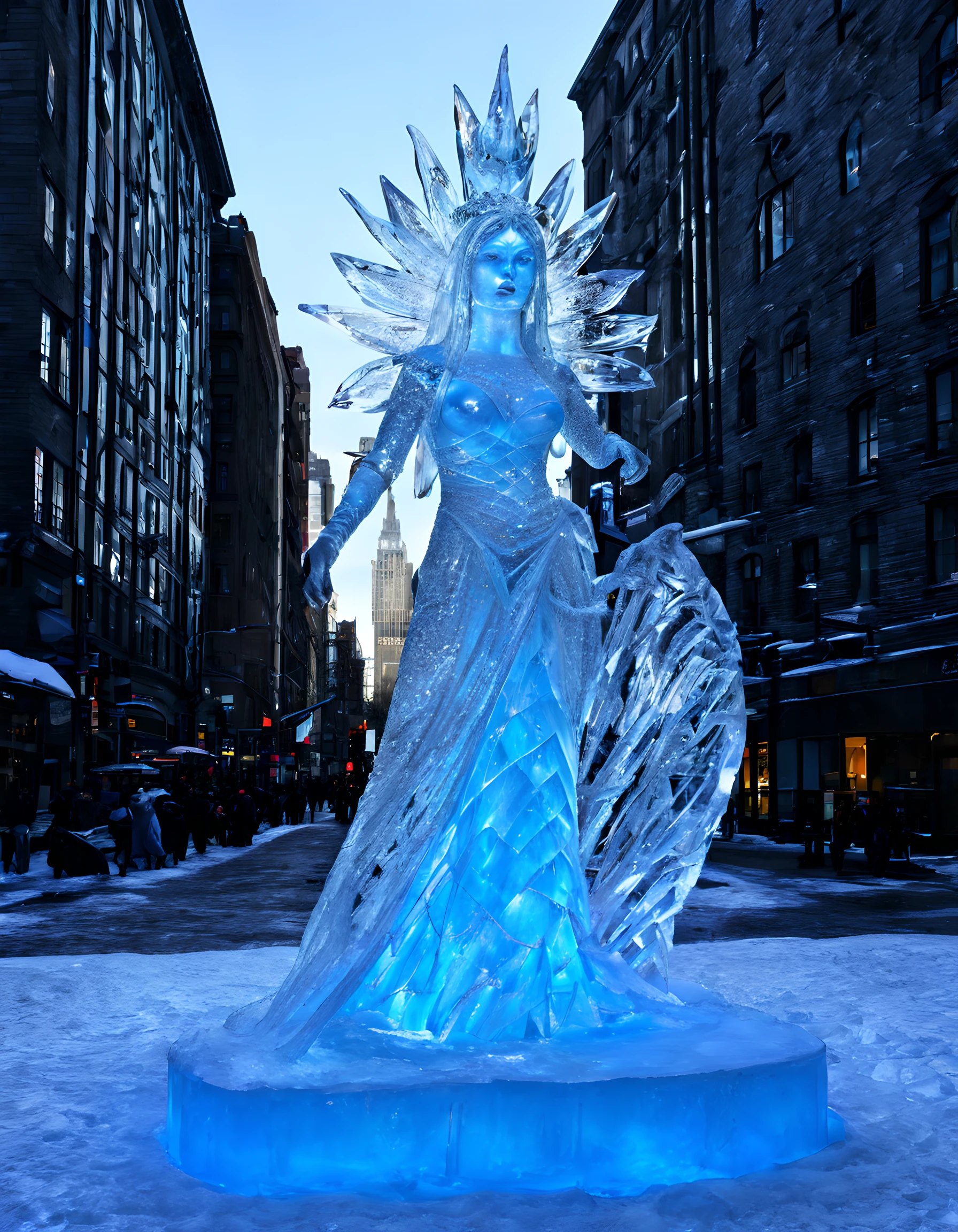 ice sculpture, ice statue, ice goddess statue, ice goddess sculpture, in the city