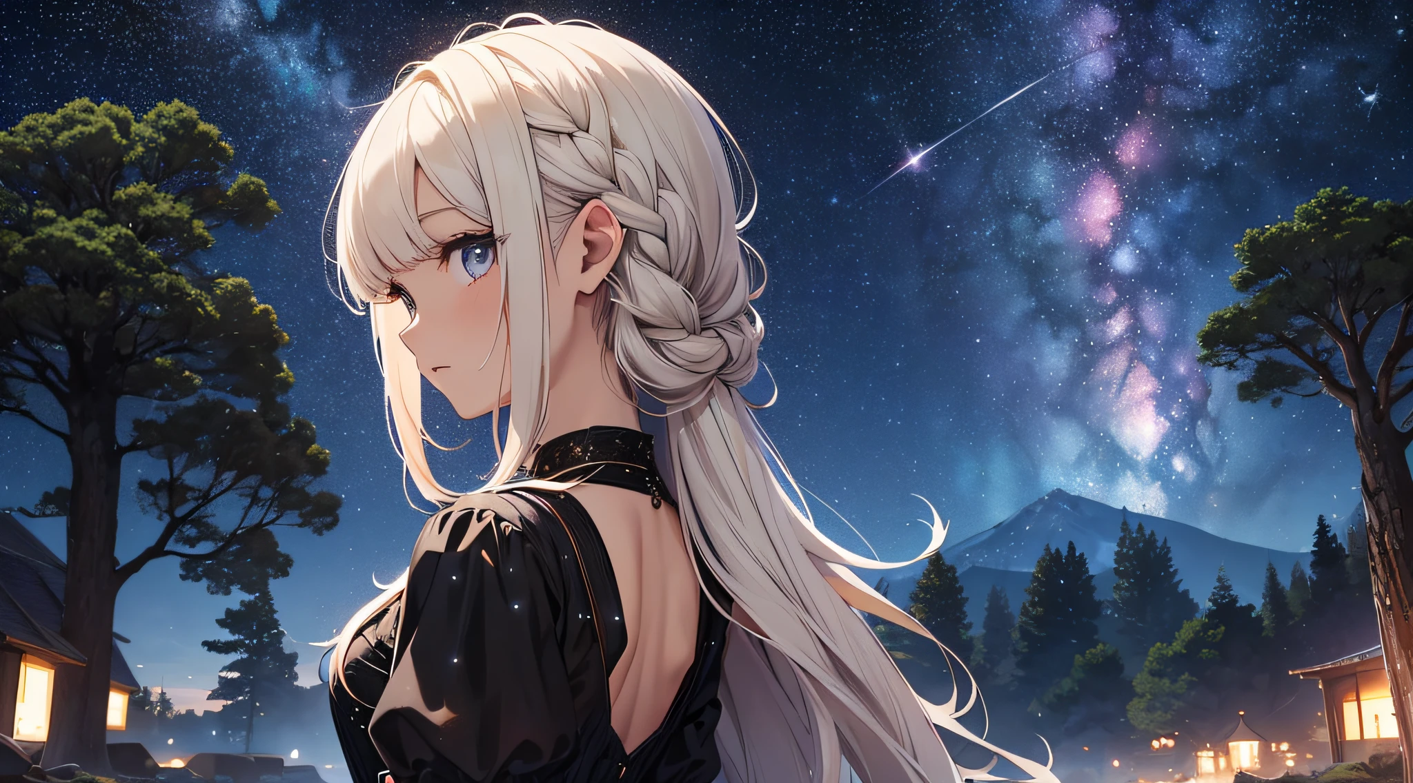 masterpiece、one girls((a beauty girl、Dynamic one-piece、hairstyle on、Rear view、))Background with((Fantastic starry sky、meteors、black hole))、Depth((Giant Tree、Fantastic、Luminescent))、