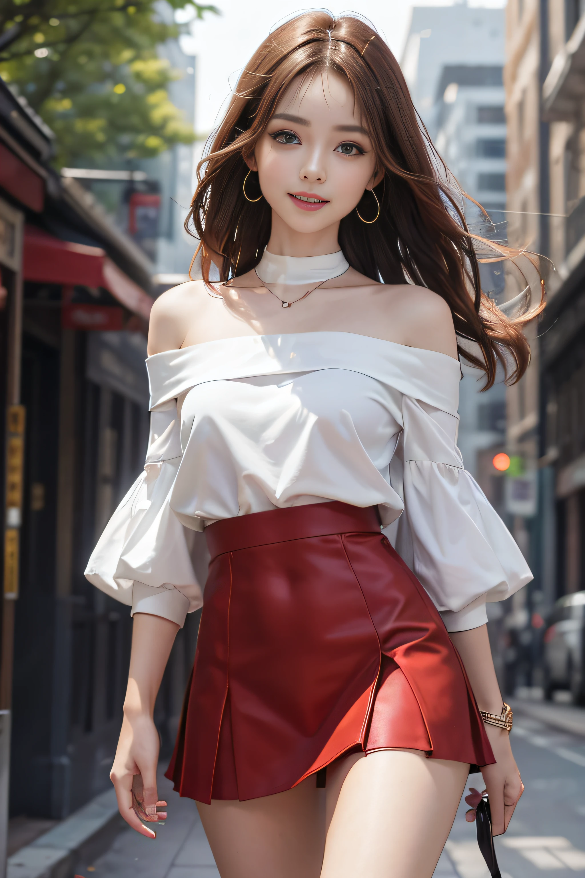 8K, masutepiece, Raw photo, Best Quality, Photorealistic, Highly detailed CG Unity 8k wallpaper, depth of fields, Cinematic Light, Lens Flare, Ray tracing, (Extremely beautiful face, Beautiful lips, Beautiful eyes), intricate detail face, ((Ultra detailed skin)) 1girl in, In the Dark, deepshadow, cute asian girl, 1 girl, (Very slim and slender fit muscular body:1.3), ((Looking at Viewer)),(Big smile:1.3), (Short skirt ), (Red mini skirt ),Clear eyes, Walking , Front shot, (pale skin), (Big eyes), Face forward, (Red Shirt),  (Brown hairs), ((Off-the-shoulder red dress )),,(Looking at Viewer:1.3) Very slim, medium breasts, (Camel toe), Black stockings with lace, Street, Buildings, tree, Sunny, (high-heels), Full body shot