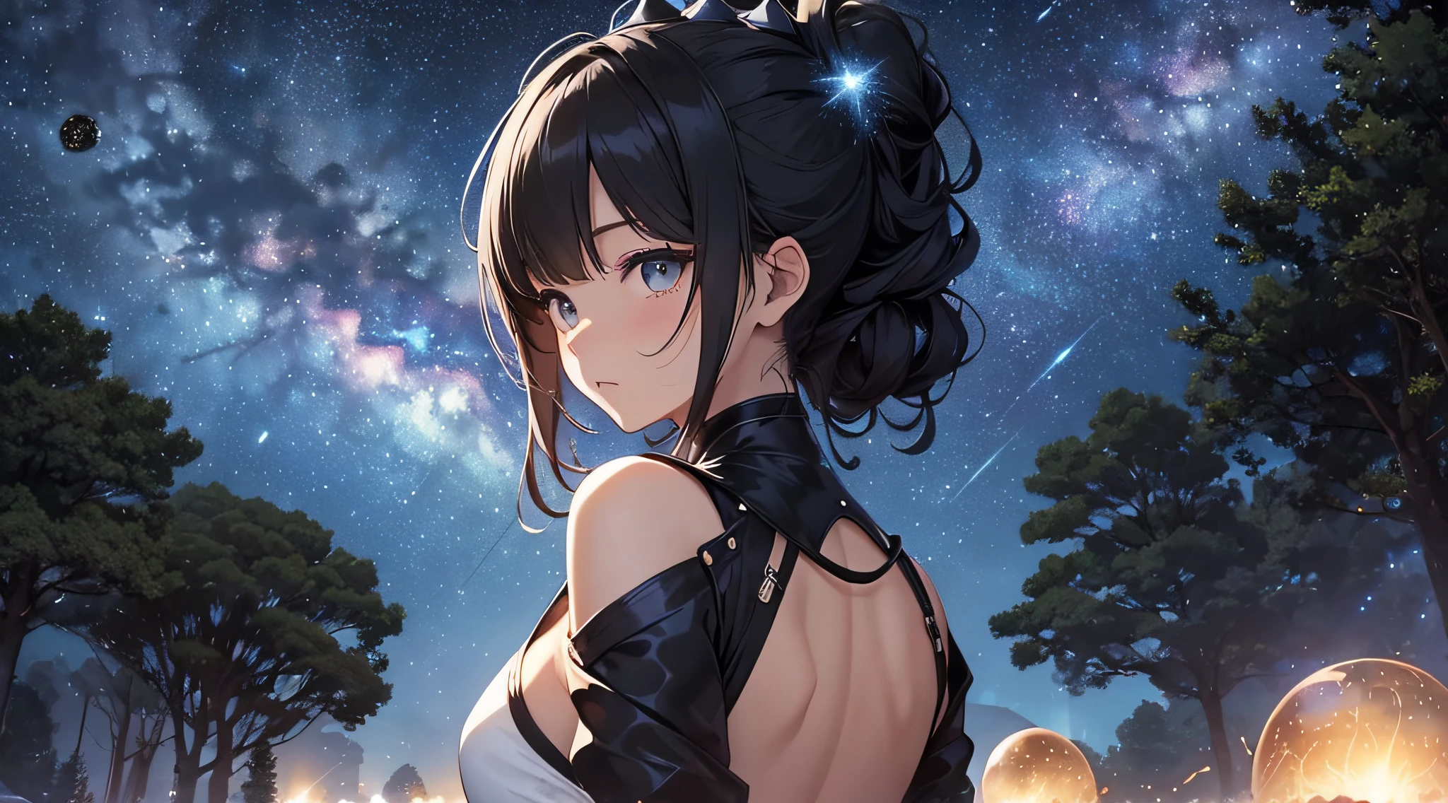 masterpiece、Background with((Fantastic starry sky、meteors、black hole))、Depth((Giant Tree、Fantastic、Luminescent))、a beauty girl、onepiece、Rear view