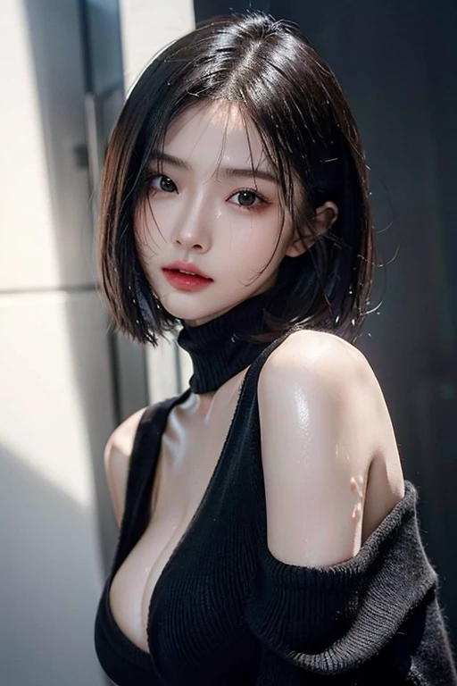 超A high resolution, masutepiece, Best Quality, perfect glossy shiny skins, Perfect Lighting, Detailed Lighting, Dramatic shadows, Ray tracing, 1girl in, Upper body, Black sweater, Looking at Viewer, off shoulders, Exposed , Sharp face, Sharp eyes, Cyberpunk, Long bangs, short cut hair, natural (Big breaWet