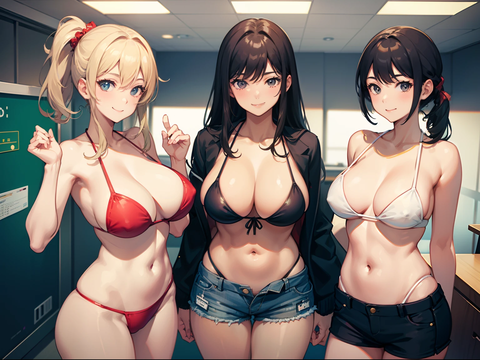 3girls, 28 years old, lewd bikini, short pants, smile, looking at viewer, arms behind back, Employee ID card hanging from the neck, in the office, cowboy shot, masterpiece, super detail, best quality