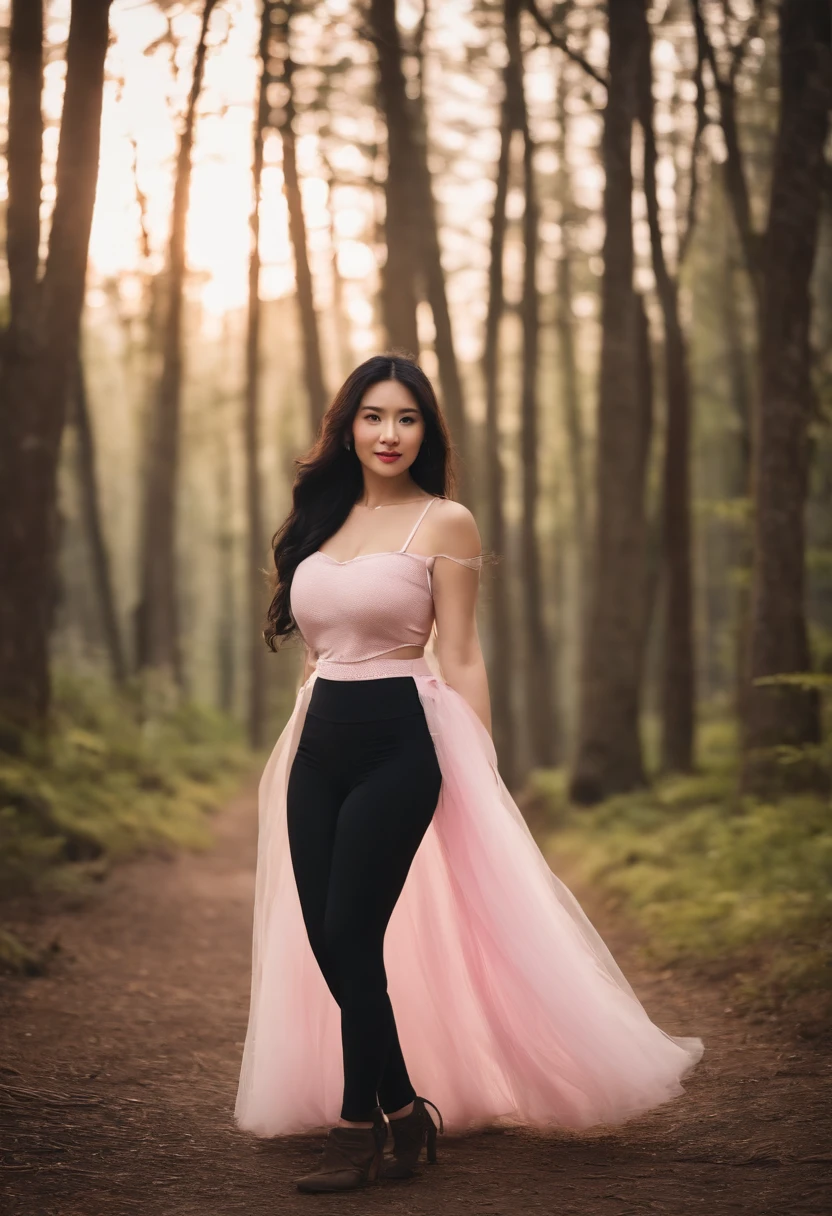 An Asian woman，He has wavy black hair，Bright big eyes，perfect body figure，huge boob，White bra，Pink tulle blouse，Short white dress，Black leggings，Maple forest in the background，Full body photo，8K high-definition