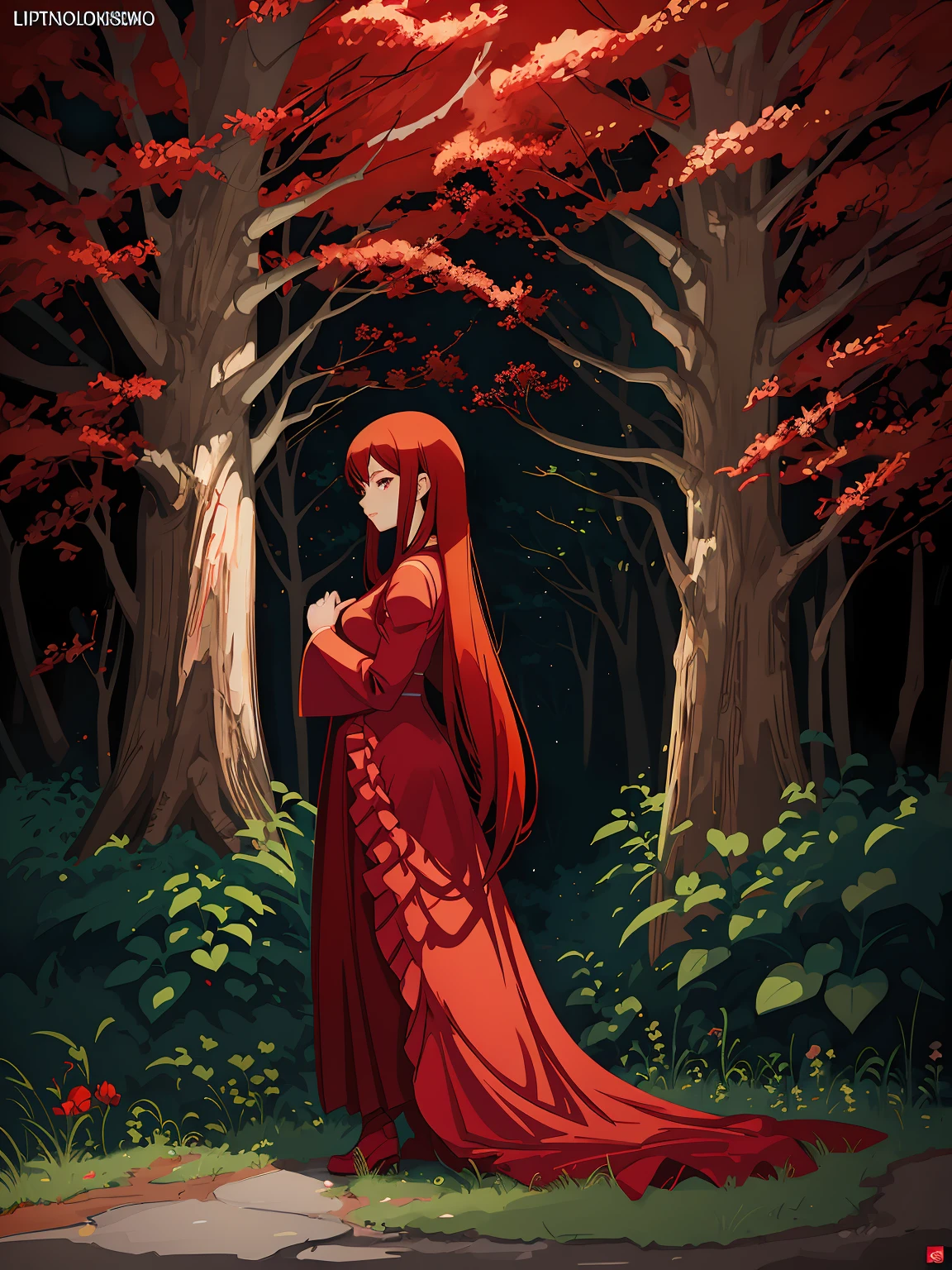 anime girl in red dress standing in a forest with flowers, anime lush john 8k woods, anime styled digital art, digital anime illustration, made with anime painter studio, beautiful anime art style, beautiful digital illustration, beautiful anime artwork, ilya kuvshinov with long hair, anime style illustration, beautiful anime art, painted in anime painter studio, anime fantasy illustration