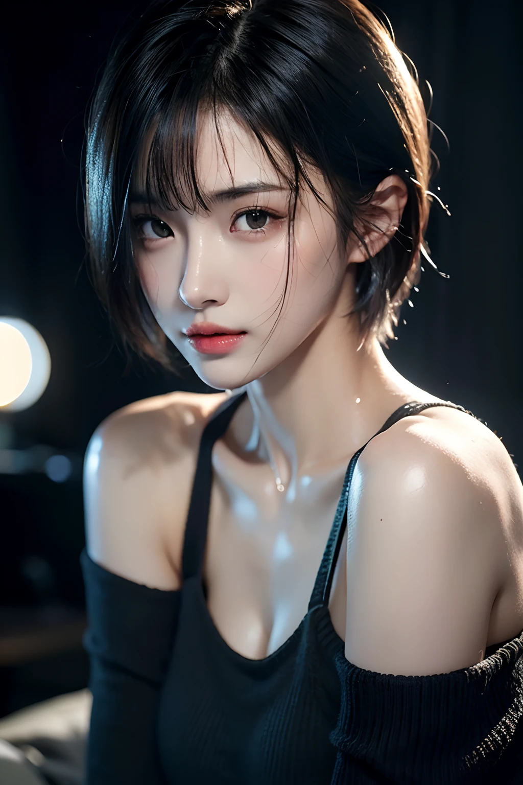 超A high resolution, masutepiece, Best Quality, perfect glossy shiny skins, Perfect Lighting, Detailed Lighting, Dramatic shadows, Ray tracing, 1girl in, Upper body, Black sweater, Looking at Viewer, off shoulders, Exposed cleavage, Sharp face, Sharp eyes, Cyberpunk, Long bangs, short cut hair, natural (Big breasts: 0.5), Wet