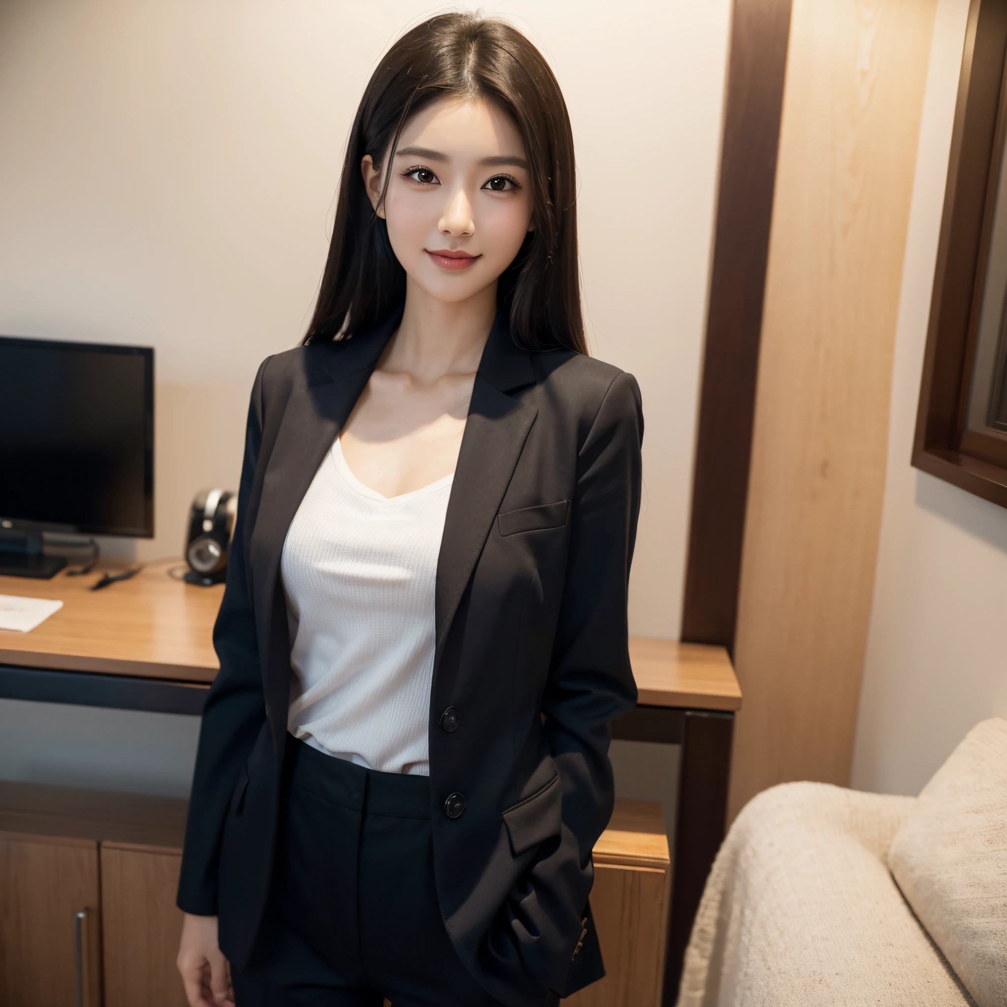 One super beautiful woman、((best qualtiy、8k masterpieces:1.3))、foco nítido:1.2、(ultra beautiful faces:1.0)、(shinny skin:1.0)、photos realistic、A dark-haired、Video Lighting、High-definition eyes and face、Japan Idol Actress、from the front side、medium breasts、Smile、Slender Abs Beauty、Whole body、wears a suit、wearing a shirts、In the office