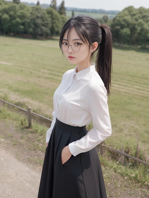 masterpiece, top quality, best quality, 1girl, black hair, long hair, bangs, ((rural, village)), small breast, upper down ponytail, standing, transparent glasses, closed clothes with long hands, long skirt