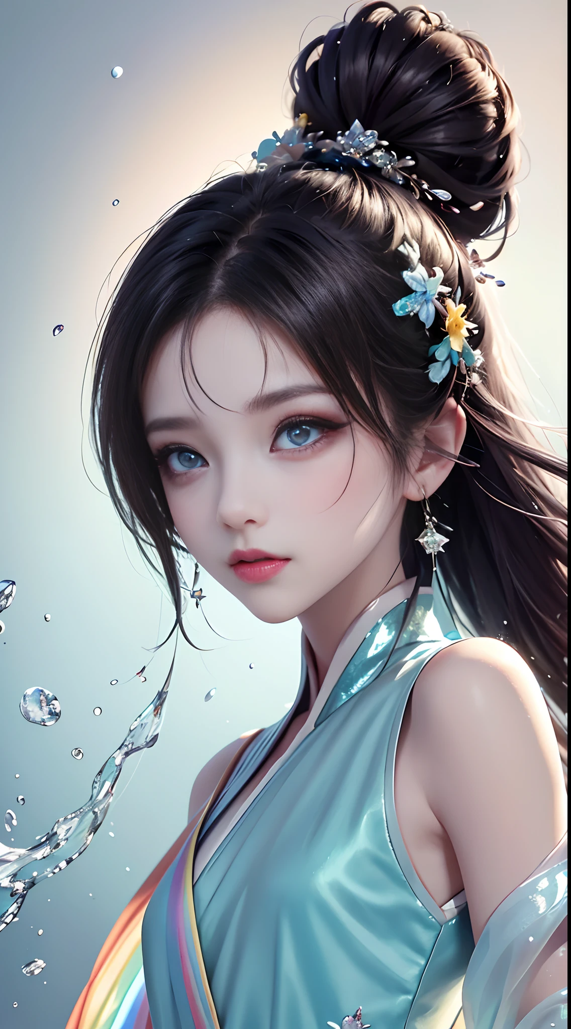 (Pink fashion T-Camisa,:1.9),(Colorful hair:1.8),(Rainbow all colors:1.8),((((Vertical painting:1.6))),(painterly:1.6),front side,comic,illustration,painterly,with big eyes,Crystal clear,(Iridescent gradient high ponytail:1.7),elaborate makeup,closed Mouth,(Small fresh:1.5),long lashes,White shoulder T- Camisa,, White Shoulder Shirt,looking at the viewers,watery big eyes,(rainbow color Hair:1.6), Color Splash, (solo:1.8), Color Splash, Color explosion, Color Splash, Color explosion, Thick lacquer style,Messy lines,((Shiny,)) ,(colorful,,,,), Thick Paint Style, (Splash) (Color Splash), Vertical Painting, upper body, Paint Splash, Acrylic Pigment, Gradient, Paint, Highest Image Quality, the highest picture quality, Masterpiece, Solo, depth offield, Face Paint, colorful clothes, (elegence: 1.2), Ornate, long haired, aeolian, (elegence: 1.3), (petaled: 1.4),(((master masterpiece))),(((the best quality t))),((ultra Detailed)),(illustartion),(Dynamic Angle),((floating)),(painti),((Loose hair)),(solo),(1girl) , (( (Detailed anima face))),((Beautiful detailed face)),collars,Shoulders exposed,White Hair,((colourfel hair)),((streaked hair)),Beautiful detailed eyes,(Gradient eyes),(( (color eyes))),(((colorfully background))),(((high satur))),(((Surrounded by colorful splashes))),()Hanfu)