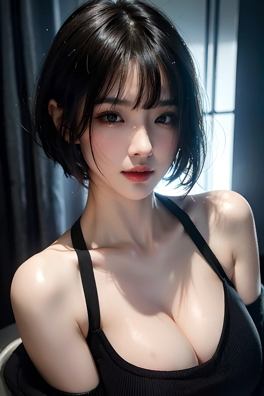 超A high resolution, masutepiece, Best Quality, perfect glossy shiny skins, Perfect Lighting, Detailed Lighting, Dramatic shadows, Ray tracing, 1girl in, Upper body, Black sweater, Looking at Viewer, off shoulders, Exposed cleavage, Sharp face, Sharp eyes, Cyberpunk, Long bangs, short cut hair, natural (Big breasts: 0.5), Wet