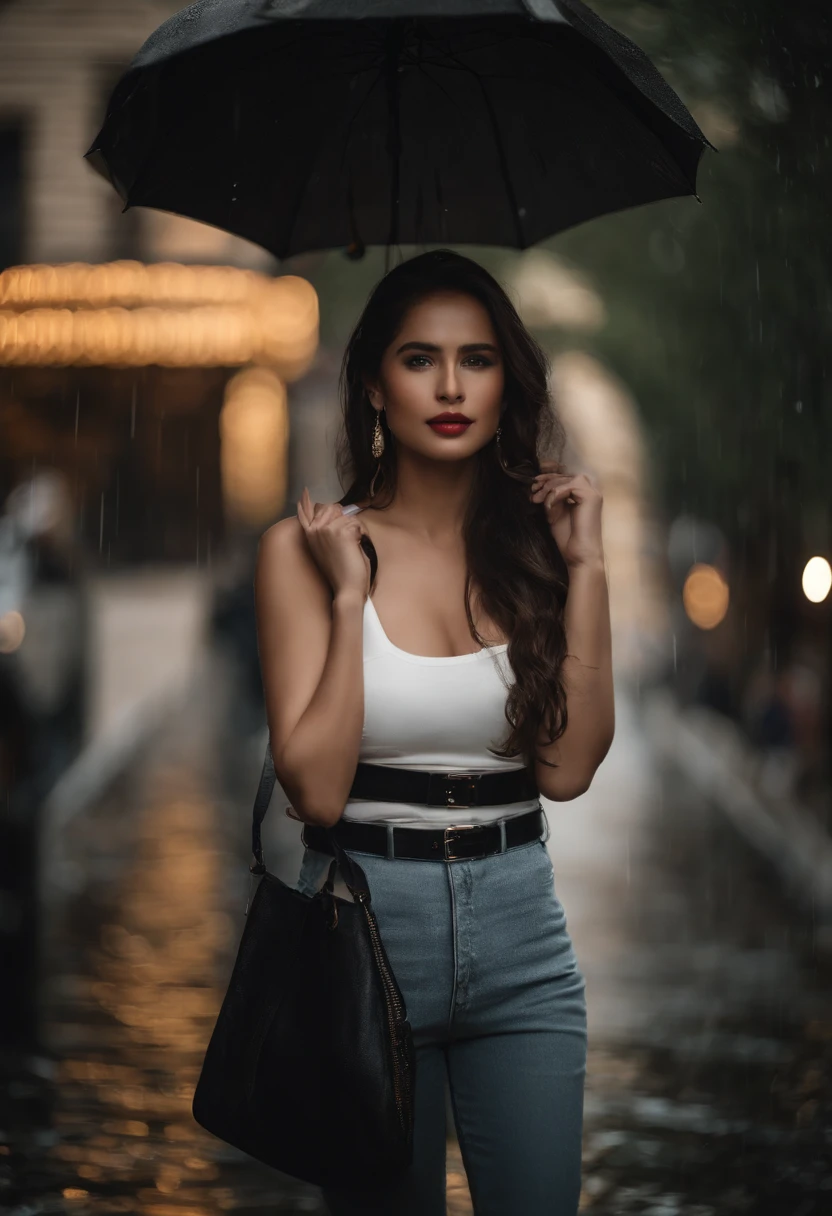 (best qualtiy,4k,tmasterpiece:1.3),Pretty Women,1girl,Raised sexy:1.1,dark brown hair:1.1,(Wet with rain,Wet with rain,Get wet:1.2),Gilet blanc,Super detailed face,Detailed lips,詳細な目,二重まぶた,Black plain hot pants,Full body photo