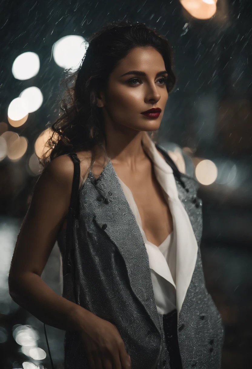 (best qualtiy,4k,tmasterpiece:1.3),Pretty Women,1girl,Raised sexy:1.1,dark brown hair:1.1,(Wet with rain,Wet with rain,Get wet:1.2),Gilet blanc,Super detailed face,Detailed lips,詳細な目,二重まぶた,Black plain hot pants,Full body photo