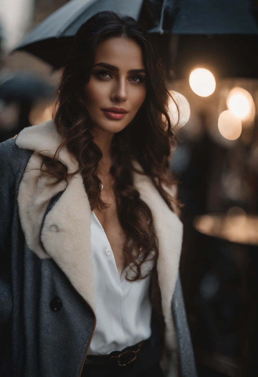 (best qualtiy,4k,tmasterpiece:1.3),Pretty Women,1girl,Raised sexy:1.1,dark brown hair:1.1,(Wet with rain,Wet with rain,Get wet:1.2),Gilet blanc,Super detailed face,Detailed lips,詳細な目,二重まぶた,Black plain hot pants,Full body photo