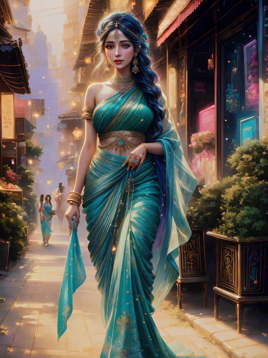 painting of a woman in a sari walking down a street, beautiful character painting, inspired by Magali Villeneuve, gorgeous woman, gorgeous digital painting, stunning digital illustration, beautiful digital artwork, stunning digital painting, beautiful digital painting, in style of artgerm, graphic artist magali villeneuve, beautiful goddess, deviantart artstation cgscosiety, greek myth digital painting