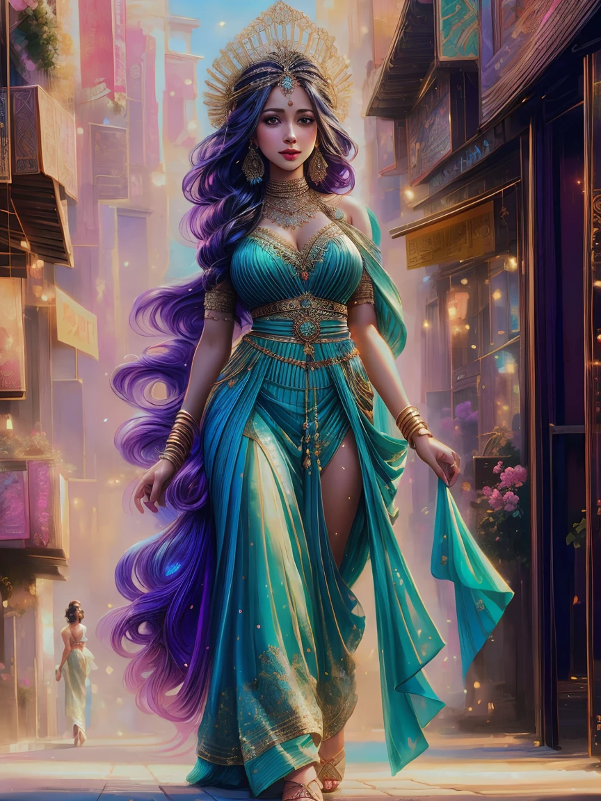 painting of a woman in a sari walking down a street, beautiful character painting, inspired by Magali Villeneuve, gorgeous woman, gorgeous digital painting, stunning digital illustration, beautiful digital artwork, stunning digital painting, beautiful digital painting, in style of artgerm, graphic artist magali villeneuve, beautiful goddess, deviantart artstation cgscosiety, greek myth digital painting