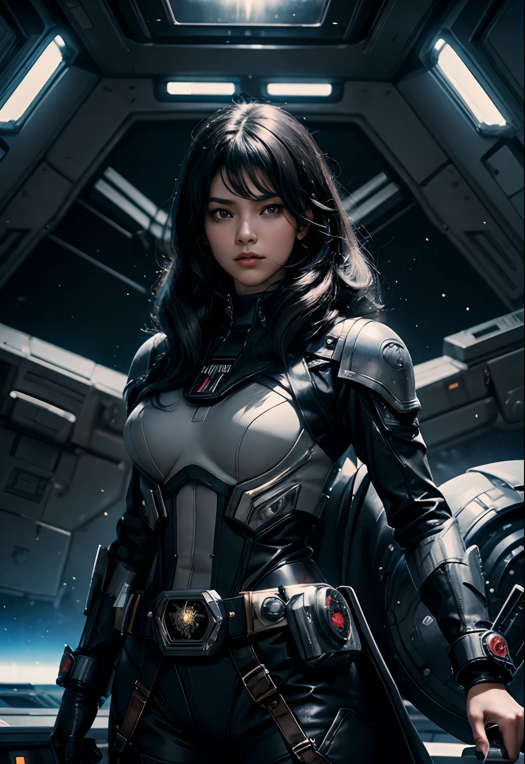 A beautiful woman stands in front of the command seat of a space battleship and takes command. Black hair. Mid 20's. He wears a black metallic battle uniform, and around his waist there is something reminiscent of Kamen Rider's transformation belt. 8K image quality.