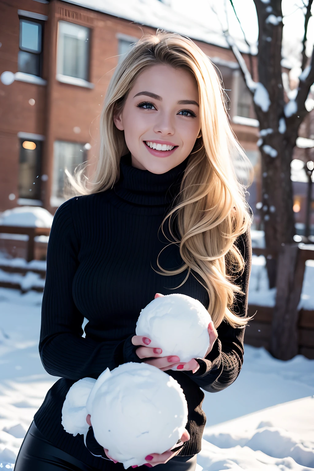 An ultra hot beautiful european woman, age 23, blonde hair. she's a playmate, men magazine model, (leaning forward, on all four, in the snow smiling:1.4). Long loose wool swearter, random winter color, showing almost alll her breast. in a snowy village landscape, starry night, northern lights. Masterpiece, UHD
