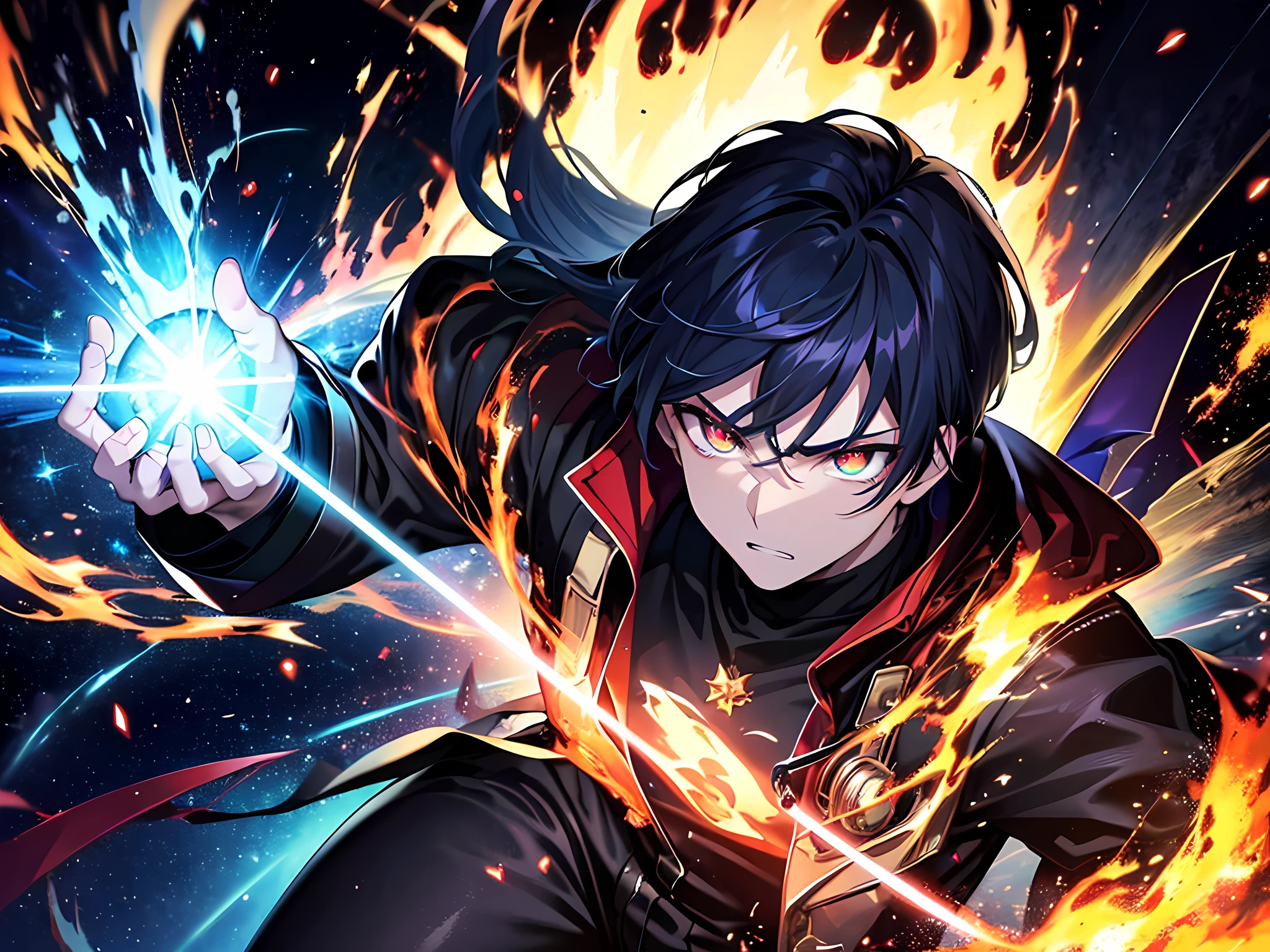 (ultra-detailed, full body illustration, perfect pixel, highres, best quality, beautiful eyes finely detailed), (full body:0.8), 19 years old boy, have power like demon god in manhwa, full of demonic aura, angry facial expression, red eye color (glowing green eyes), orange hair (half of his hair covered with blue flame), with demon outfit, elegant, detective, realistic fire, the background is full of magical particles and realistic blue fire. lens flare, glowing light, reflection light, motion blur, 8k, super detail, accurate, best quality, Ray tracing.