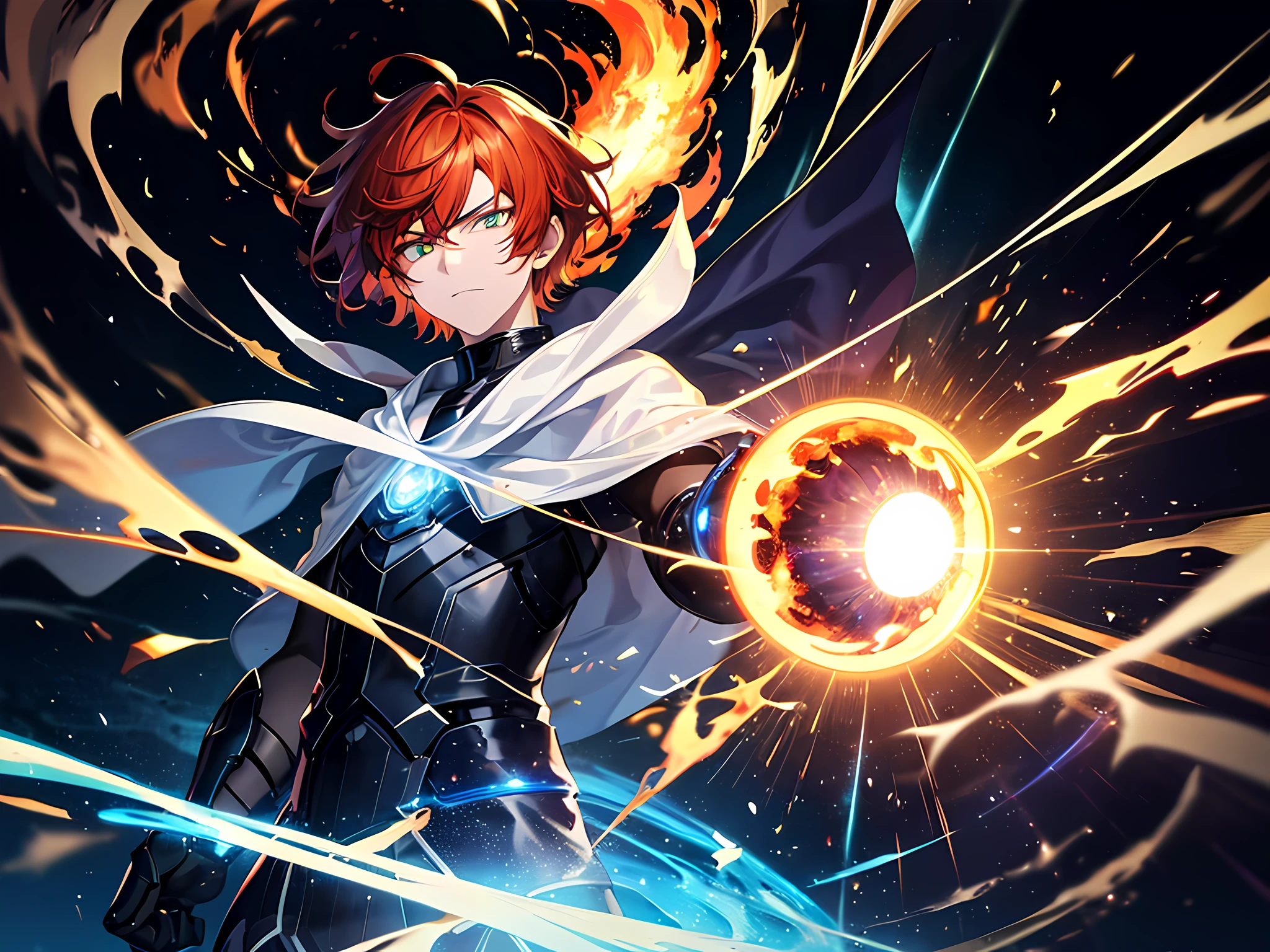 (ultra-detailed, full body illustration, perfect pixel, highres, best quality, beautiful eyes finely detailed), (full body:0.8), 19 years old boy, have power like demon god in manhwa, full of demonic aura, angry facial expression, red eye color (glowing green eyes), orange hair (half of his hair covered with blue flame), with demon outfit, elegant, detective, realistic fire, the background is full of magical particles and realistic blue fire. lens flare, glowing light, reflection light, motion blur, 8k, super detail, accurate, best quality, Ray tracing.