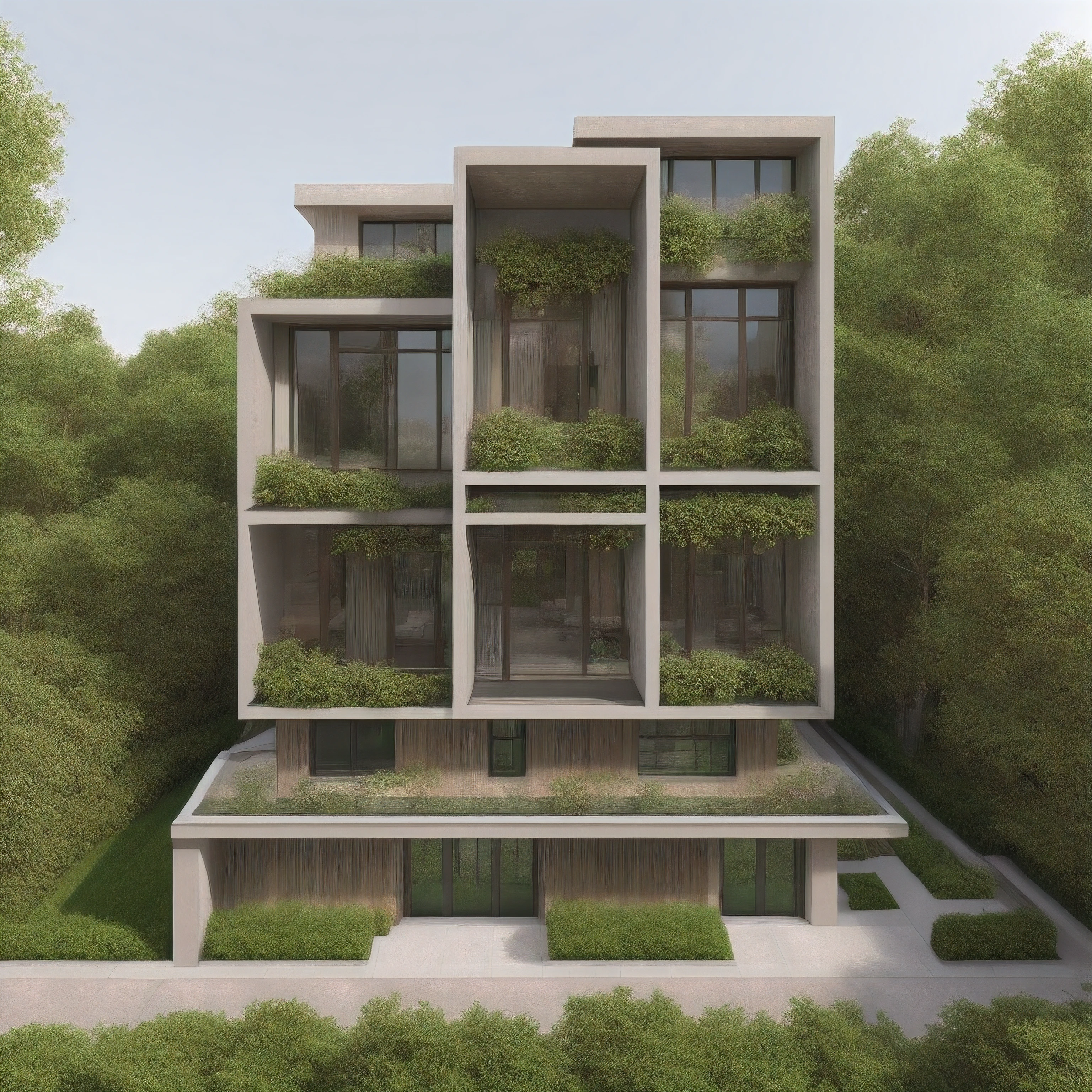 A modern street-facing house seamlessly integrates natural elements into its design. The architecture embodies an urban oasis concept, featuring a balcony adorned with lush greenery and a front yard that blends nature with the urban environment. Soft ambient lighting casts a warm and welcoming glow. Channeling the spirit of renowned architect Frank Lloyd Wright, this design showcases his signature organic architectural style. The medium for this artwork is an architectural blueprint rendered in high-definition 3D graphics, emphasizing every detail of the design. The color scheme mainly consists of earthy tones and various shades of green, enhancing the connection to nature