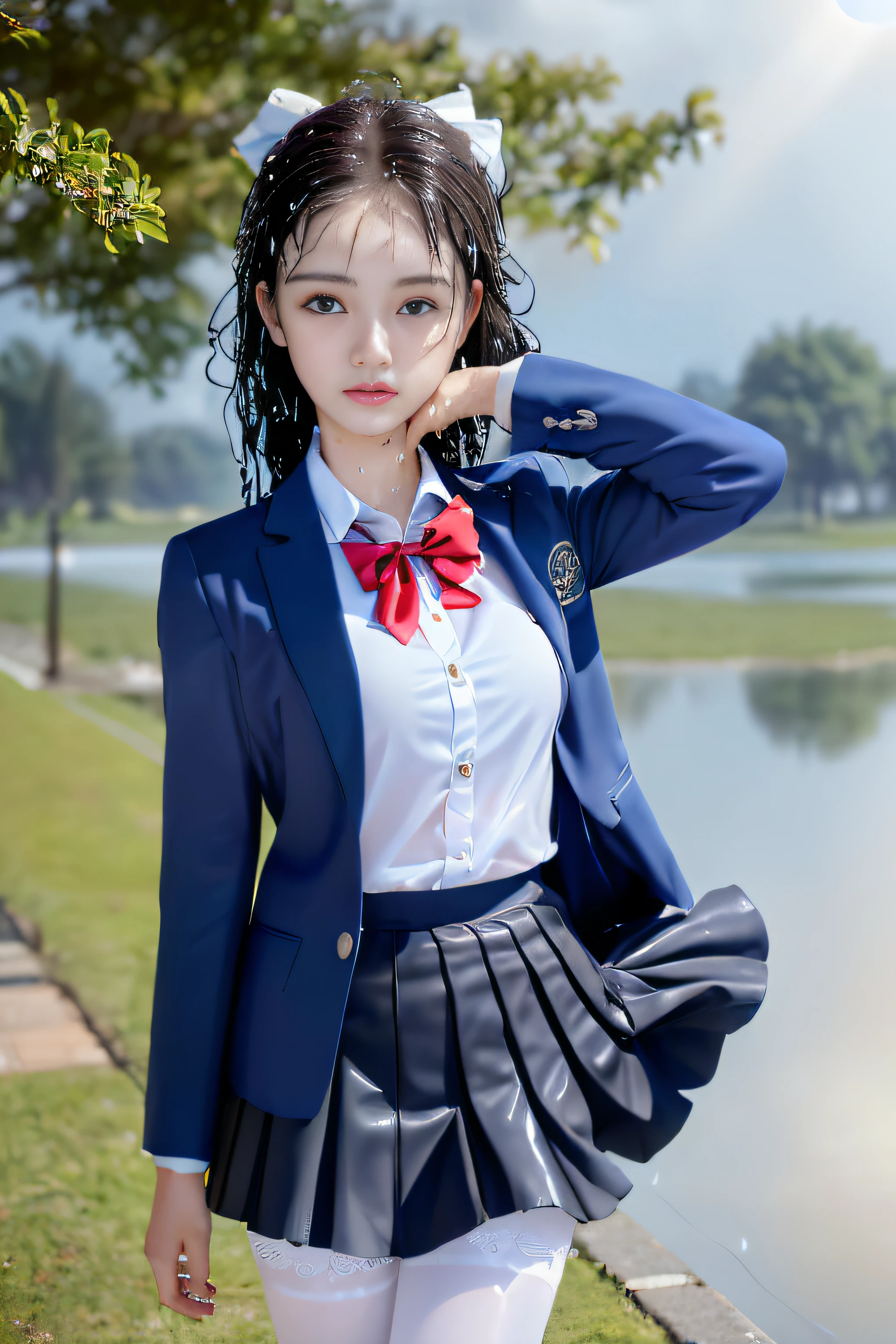 best qualtiy,tmasterpiece,hight resolution,1girll,dingdall effect,realisticlying,edge lit,two tone lighting,(highdetailskin:1.2),8K UHD,pure,Dolce,flowers background,Colorful background,Based on physical rendering,Perfect Light and Shadow,extreme hight detail,Pink tones,eye reflections,Raised sexy,perfect bodies,Superb Beauty,largeeyes,long eyelasher,Delicate eyes,(blue eyess)、big shiny eyes,Small pupil reflex,Shoulder and neck details,The texture of the pupil is delicate,Perfect eyes,black pupils,best qualtiy,tmasterpiece,16 K,a picture,head portrait,Bigchest,Medium size breasts,Delicate avatars,(( trotting through a lakeside park)),((female students、校服),((Wet Navy Blue Blazer、emblem on breasts))、)(Wet translucent white blouse)、(Loose red bow tie,)(Translucent wet white flared skirt),(Black pantyhose),(Black loafers)、(Troubled face)、(Cloudy sky outside)、((Blowing in the rain and wind))、((Holding the skirt with your hands))、(Forward leaning position)(Wet hair flutters)、((Skirt soars))、(lifted skirt),((Holding the skirt with your hands)),