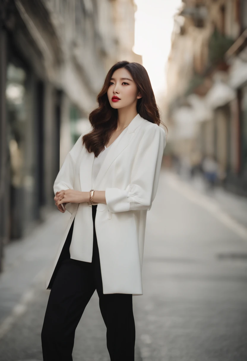 Alafi woman in a white blouse and black pants stands in the street, dressed with long fluent clothes, korean women's fashion model, photo of slim girl model, white trendy clothes, Gorgeous young Korean woman, full body cute young lady, 2 0 2 0 fashion, photo of slim girl, 2 4 year old female model, bae suzy, wearing tight simple clothes