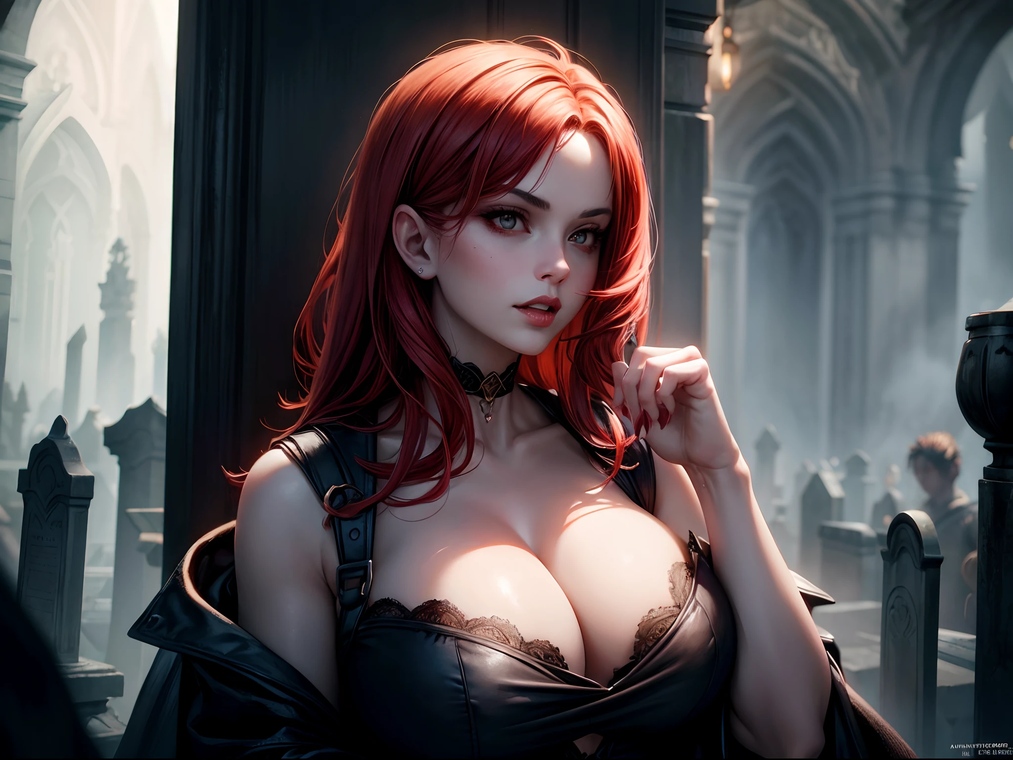 (a female vampire:1.1,fang,enormous breast:1.1,dark orange-red hair,blood cup,dark fantasy,cemetery background,tom bagshaw:1.1),[oil painting:0.9],[elegant:0.9],(best quality,4k,8k,highres,masterpiece:1.2),ultra-detailed,(realistic,photorealistic,photo-realistic:1.37),horror,gloomy lighting,rich color palette