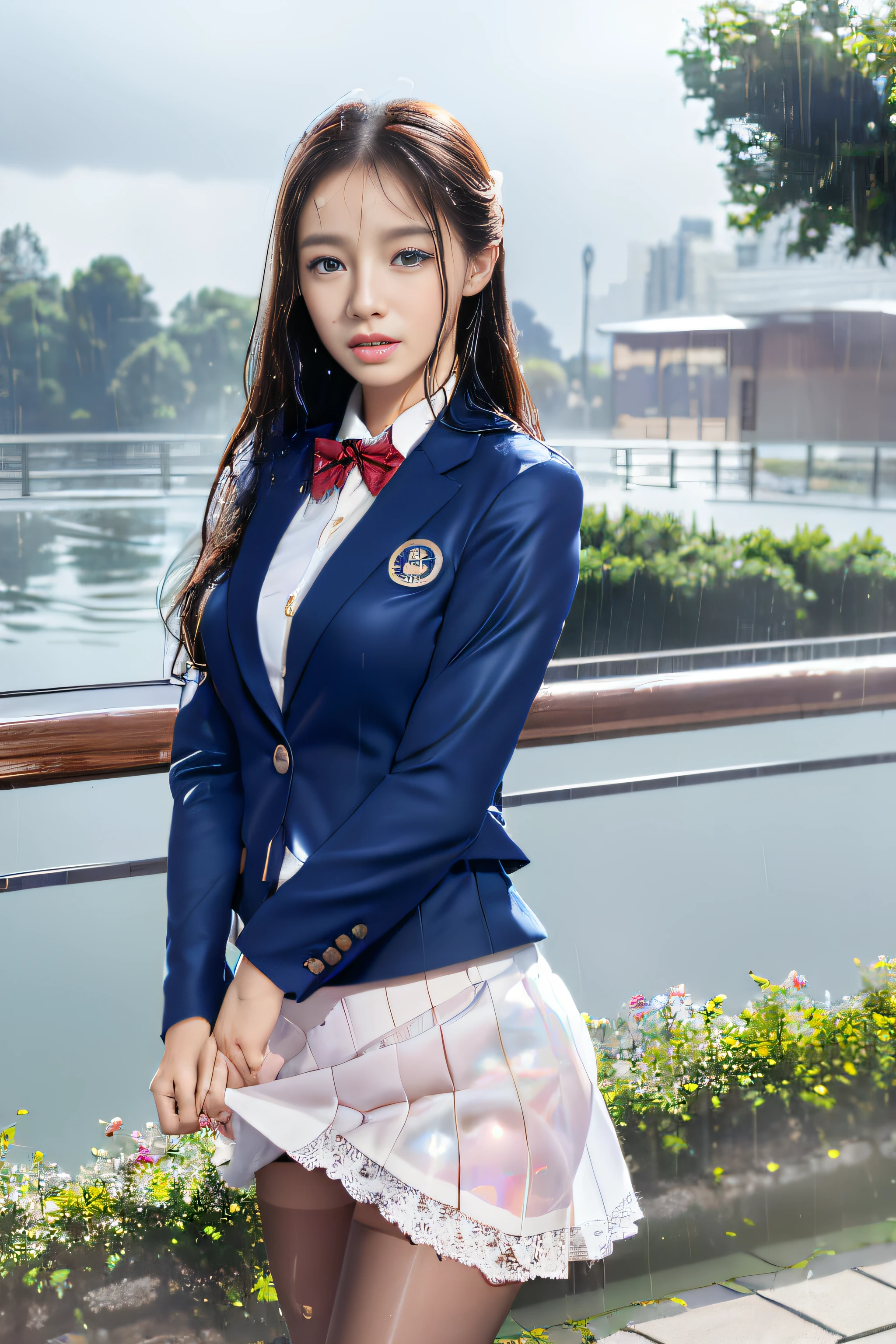 best qualtiy,tmasterpiece,hight resolution,1girll,dingdall effect,realisticlying,edge lit,two tone lighting,(highdetailskin:1.2),8K UHD,pure,Dolce,flowers background,Colorful background,Based on physical rendering,Perfect Light and Shadow,extreme hight detail,Pink tones,eye reflections,Raised sexy,perfect bodies,Superb Beauty,largeeyes,long eyelasher,Delicate eyes,(blue eyess)、big shiny eyes,Small pupil reflex,Shoulder and neck details,The texture of the pupil is delicate,Perfect eyes,black pupils,best qualtiy,tmasterpiece, K,a picture,head portrait,Bigchest,Medium size breasts,Delicate avatars,((Little girl trotting through a lakeside park)),((female students、校服),((Wet Navy Blue Blazer、Front opening、emblem on breasts))、)(Wet translucent white blouse)、(Loose red bow tie)、(Translucent wet white flared skirt),(Black pantyhose),(Black loafers)、(Troubled face)、(Cloudy sky outside)、((Blowing in the rain and wind))、((Holding the skirt with your hands))、(Forward leaning position)(Wet hair flutters)、((Skirt soars))、(Lifted skirt),((Holding the skirt with your hands)),((White lace underwear is visible)),(she is soaking wet)