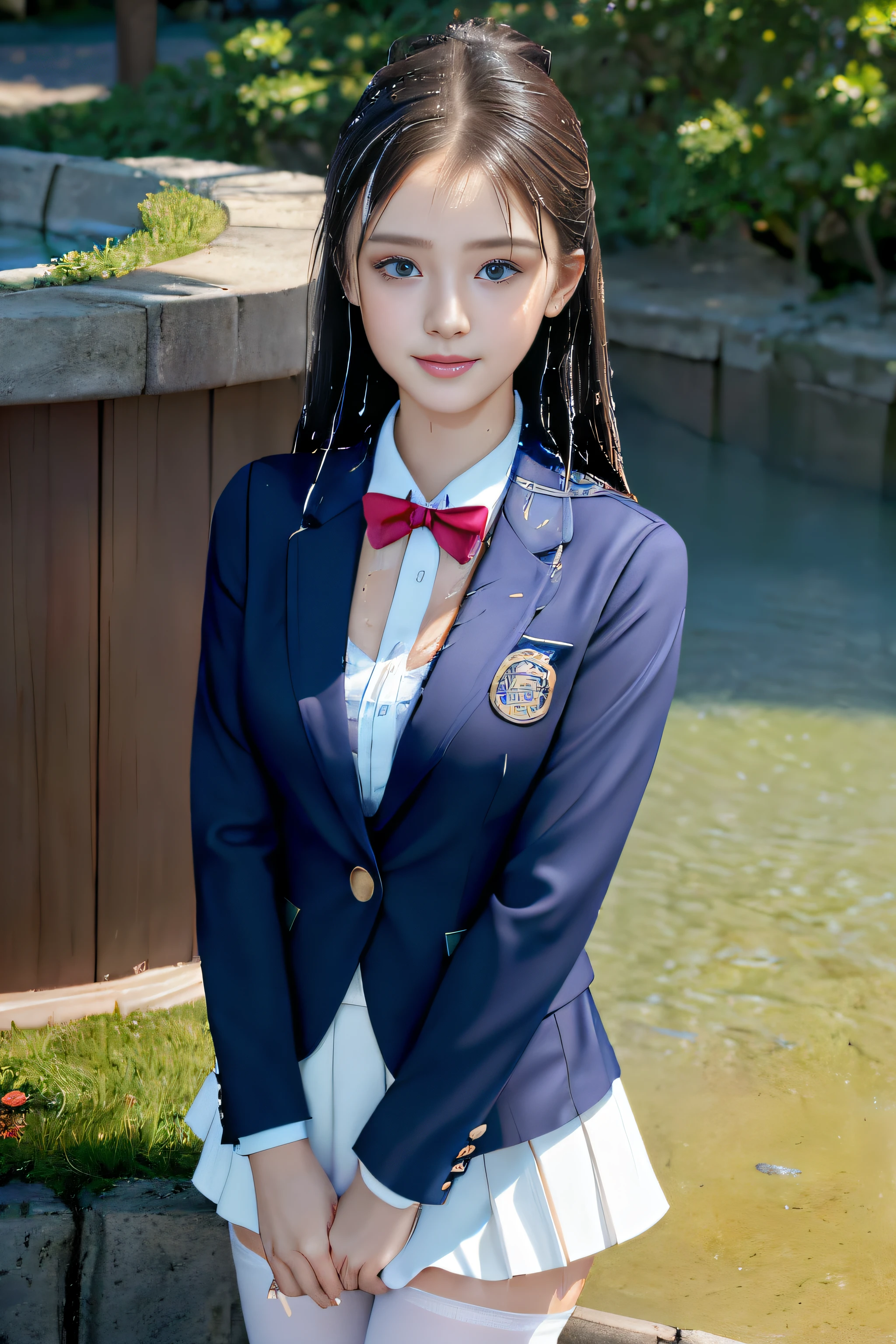 best qualtiy,tmasterpiece,hight resolution,1girll,dingdall effect,realisticlying,edge lit,two tone lighting,(highdetailskin:1.2),8K UHD,pure,Dolce,flowers background,Colorful background,Based on physical rendering,Perfect Light and Shadow,extreme hight detail,Pink tones,eye reflections,Raised sexy,perfect bodies,Superb Beauty,largeeyes,long eyelasher,Delicate eyes,(blue eyess)、big shiny eyes,Small pupil reflex,Shoulder and neck details,The texture of the pupil is delicate,Perfect eyes,black pupils,best qualtiy,tmasterpiece,16 K,a picture,head portrait,Bigchest,Medium size breasts,Delicate avatars,(Little girl standing in the waiting room by the lake)),((female students、校服),((Wet navy blue blazer front opening、、emblem on breasts))、)(Translucent white blouse)、(Loose red bow tie,)(Wet white flared skirt),(Black pantyhose),(Black loafers)、(A smile)、(she is soaking wet),(Wet hair)