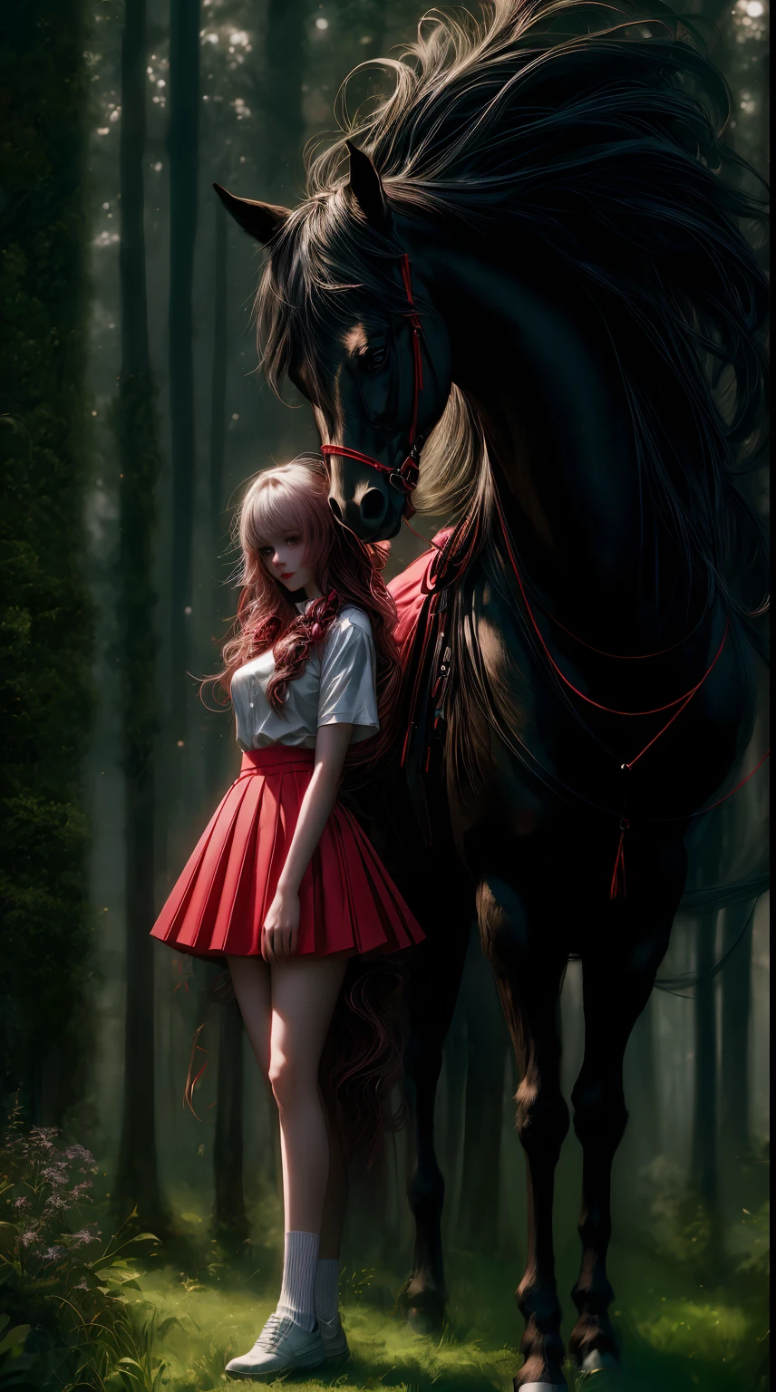 1girll, Solo,ssmile,White shirt, Red skirt, Socks, dual horsetail,Full body like,Beautiful outdoor background, night moon, forest,The hair is meticulously depicted,The eyes are meticulously depicted, highly detailed surreal vfx,oc rendered,