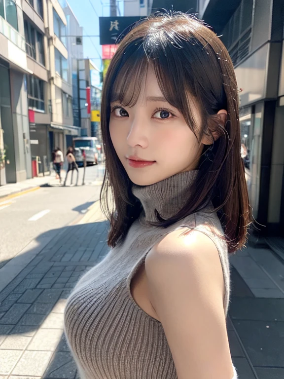 (huge tit、Turtleneck knitwear、Shoulder bag)、(top-quality,tmasterpiece:1.3,超A high resolution,),(ultra - detailed,Caustics),(Photorealsitic:1.4,RAW shooting,)Ultra-realistic capture,A highly detailed,HD 16K is suitable for human skin、 Natural skin texture、、The skin looks healthy，The color tone is even、 Use natural light and color,A woman who is,jpn,,kawaii,brunette color hair,mid hair,(depth of fields、color difference、、Wide range of lighting、naturalshadow、)、(Hair swaying in the wind:1.2)、Streets of Tokyo