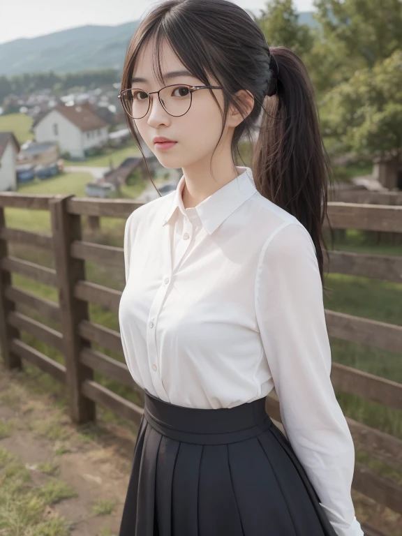 masterpiece, top quality, best quality, 1girl, black hair, long hair, bangs, ((rural, village)), small breast, upper down ponytail, standing, glasses, closed clothes with long hands, long skirt