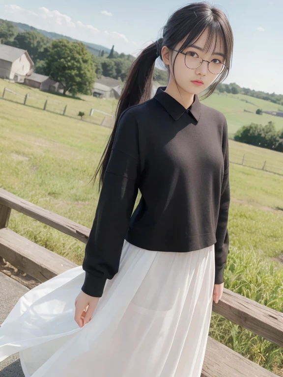 masterpiece, top quality, best quality, 1girl, black hair, long hair, bangs, ((rural, village)), small breast, upper down ponytail, standing, glasses, closed clothes with long hands, long skirt