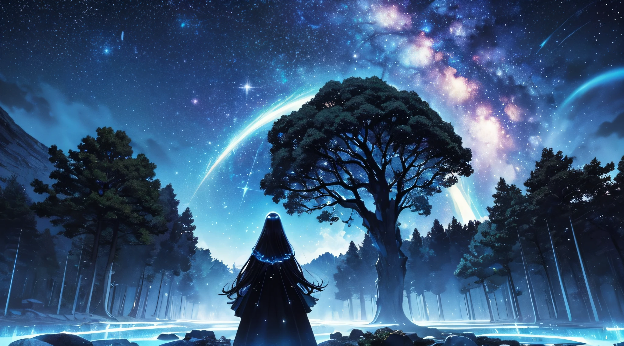 ​masterpiece、Background with((Fantastic starry sky、meteors、black hole))、Depth((Giant Tree、Fantastic、Luminescent))、a beauty girl、onepiece、Rear view