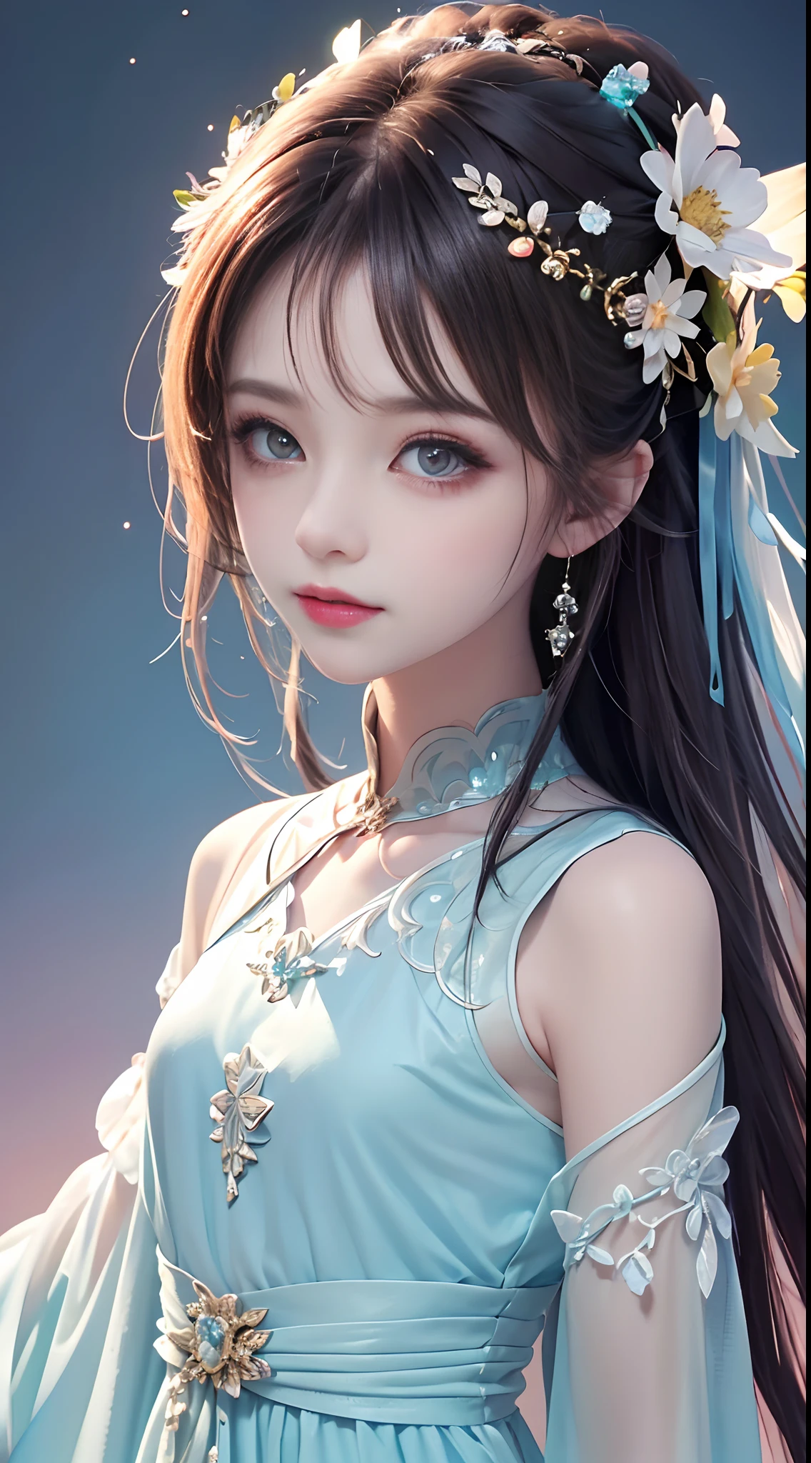 (Pink fashion T-Camisa,:1.9),(Colorful hair:1.8),(Rainbow all colors:1.8),((((Vertical painting:1.6))),(painterly:1.6),front side,comic,illustration,painterly,with big eyes,Crystal clear,(Iridescent gradient high ponytail:1.7),elaborate makeup,closed Mouth,(Small fresh:1.5),long lashes,White shoulder T- Camisa,, White Shoulder Shirt,looking at the viewers,watery big eyes,(rainbow color Hair:1.6), Color Splash, (solo:1.8), Color Splash, Color explosion, Color Splash, Color explosion, Thick lacquer style,Messy lines,((Shiny,)) ,(colorful,,,,), Thick Paint Style, (Splash) (Color Splash), Vertical Painting, upper body, Paint Splash, Acrylic Pigment, Gradient, Paint, Highest Image Quality, the highest picture quality, Masterpiece, Solo, depth offield, Face Paint, colorful clothes, (elegence: 1.2), Ornate, long haired, aeolian, (elegence: 1.3), (petaled: 1.4),(((master masterpiece))),(((the best quality t))),((ultra Detailed)),(illustartion),(Dynamic Angle),((floating)),(painti),((Loose hair)),(solo),(1girl) , (( (Detailed anima face))),((Beautiful detailed face)),collars,Shoulders exposed,White Hair,((colourfel hair)),((streaked hair)),Beautiful detailed eyes,(Gradient eyes),(( (color eyes))),(((colorfully background))),(((high satur))),(((Surrounded by colorful splashes))),()Hanfu)