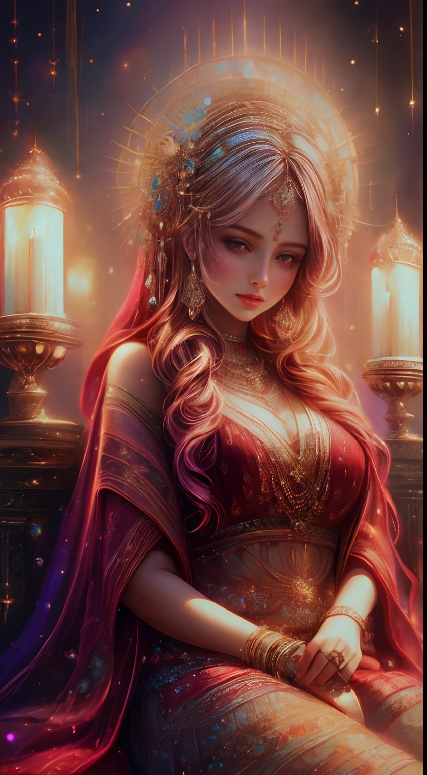 a woman sitting on a bench with candles in front of her, beautiful digital illustration, beautiful digital artwork, beautiful character painting, beautiful digital painting, gorgeous digital painting, stunning digital illustration, exquisite digital illustration, stunning digital painting, beautiful digital art, elegant digital painting, a beautiful artwork illustration, traditional beauty, painting of beautiful, gorgeous digital art, hindu aesthetic