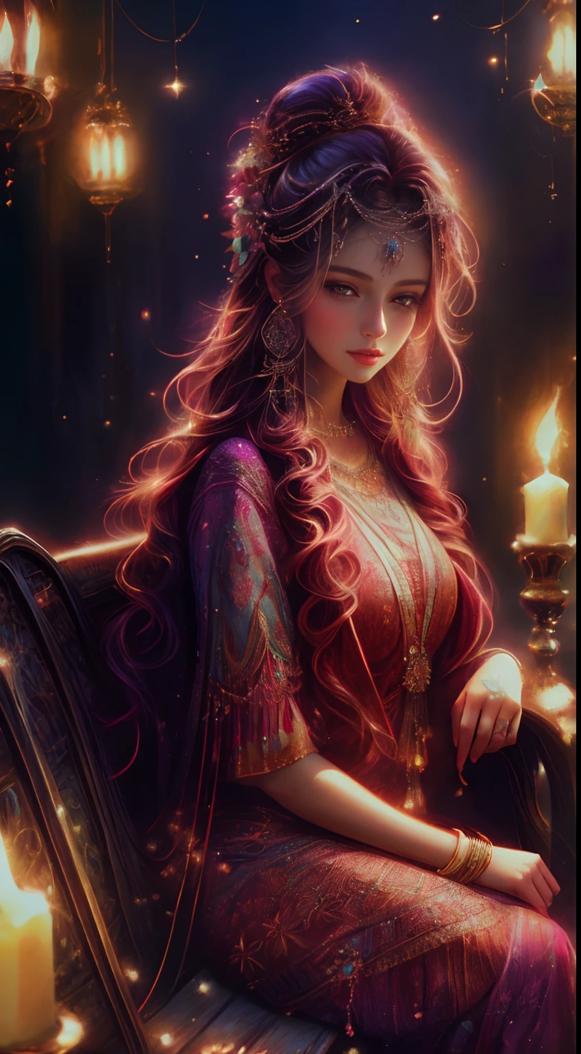 a woman sitting on a bench with candles in front of her, beautiful digital illustration, beautiful digital artwork, beautiful character painting, beautiful digital painting, gorgeous digital painting, stunning digital illustration, exquisite digital illustration, stunning digital painting, beautiful digital art, elegant digital painting, a beautiful artwork illustration, traditional beauty, painting of beautiful, gorgeous digital art, hindu aesthetic